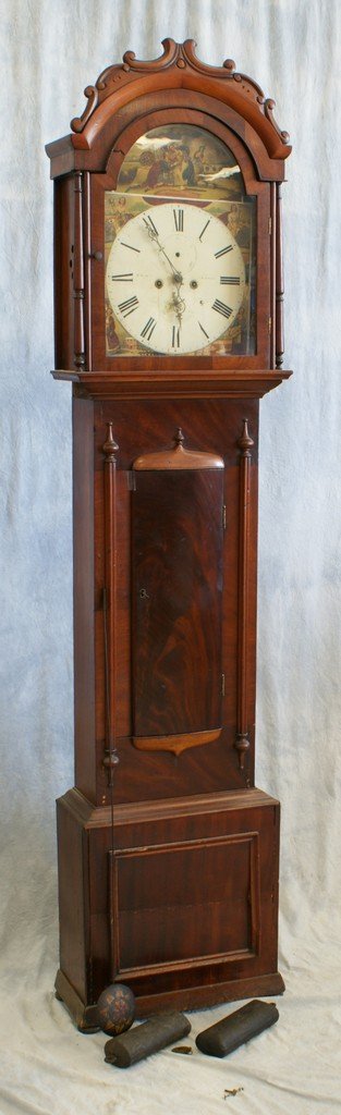Mahogany Scottish tall clock signed William Marshall, W: Mahogany Scottish tall clock signed William Marshall, Wishaw, with calendar and second subsidiary dials, corners with four seasons decorations, arch decorated with Sir James the Rose, 86 1/2" h, with 