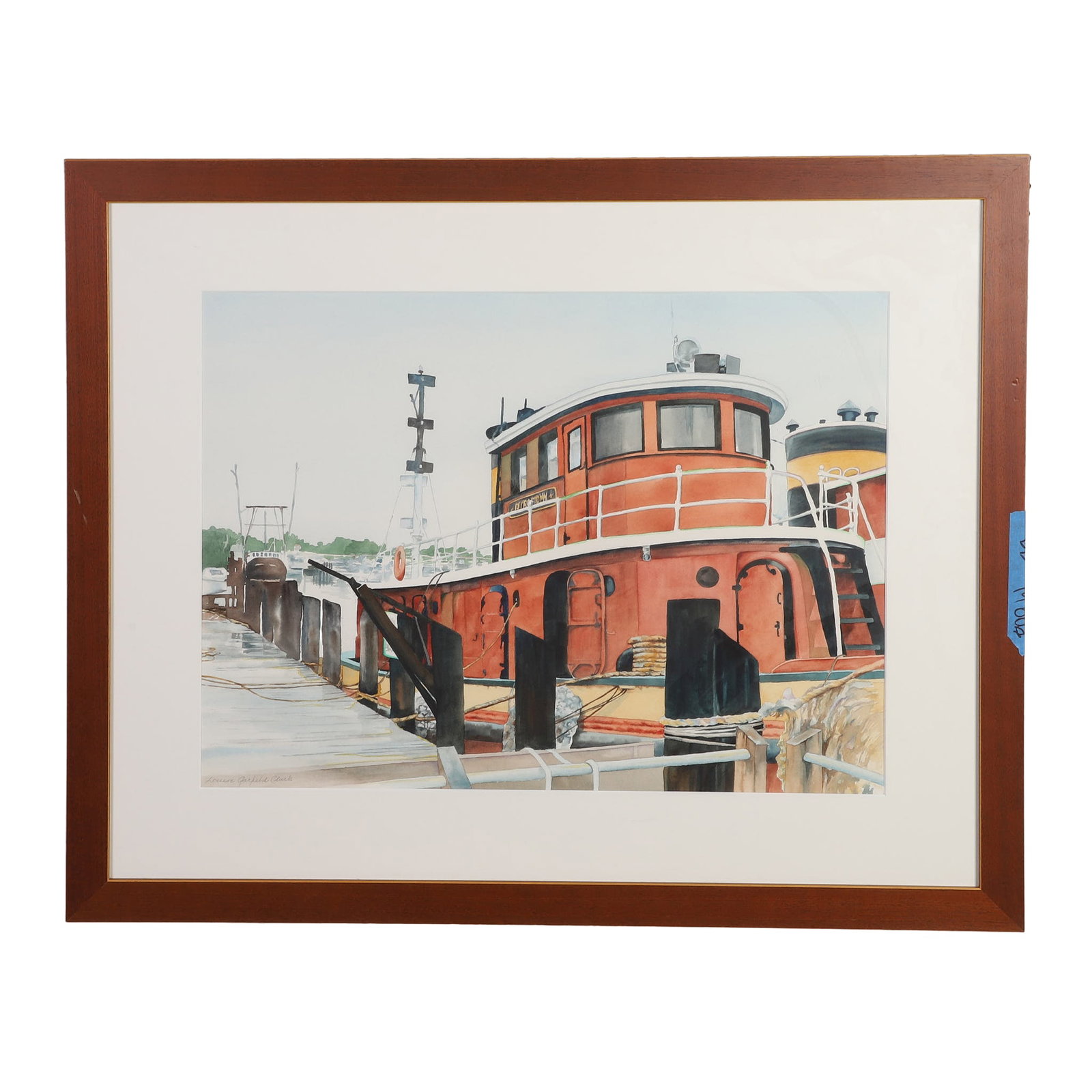 Clark, Louise Garfield (American 20th C): Louise Garfield Clark American 20th C Untitled (Red Tug Boat) Watercolor Coastal regionalism plein air dockside view. Pencil signed lower left. Framed under glass. Image Height: 18 in, Image Width: