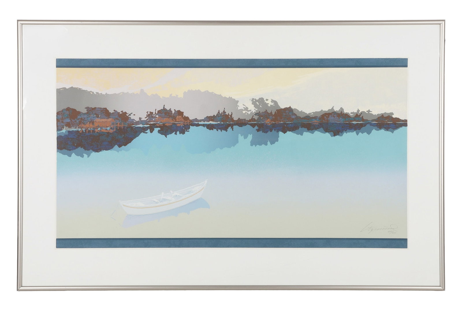 Placid Lakeside Landscape Lithograph: Placid Lakeside Landscape Lithograph With boat in foreground and dock on distant shore. Signed Stumum (?). Of an edition, numbered 335/337. Image Height: 21 in, Image Width: 39 3/4 in, Framed Height: