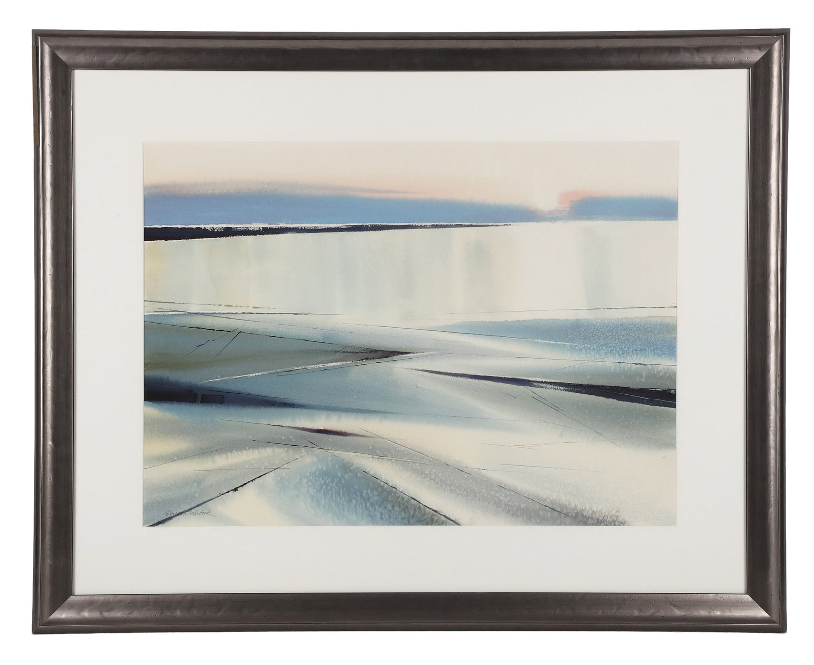 Sahrbeck, Everett William (American 1910-1995): Everett William Sahrbeck American 1910-1995 Untitled Watercolor Abstract coastal landscape. Signed, lower right hand corner. Framed under glass. Image Height: 21 in, Image Width: 29 in, Framed
