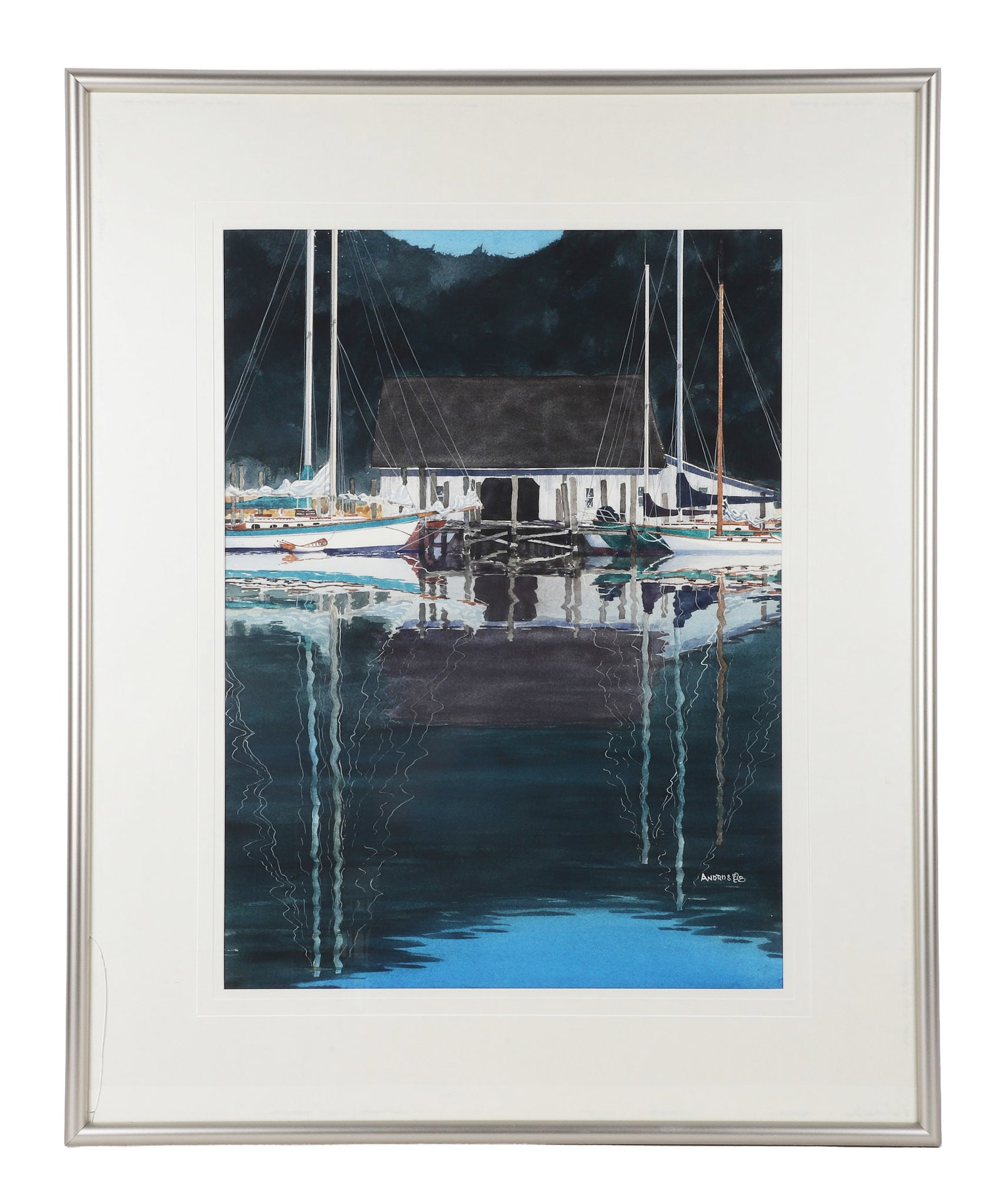 Andrus, Steve (American 20th C): Steve Andrus American 20th C Untitled. 1988 Watercolor View of dockside boat house with sailboats. Signed lower right hand corner. Framed under glass.