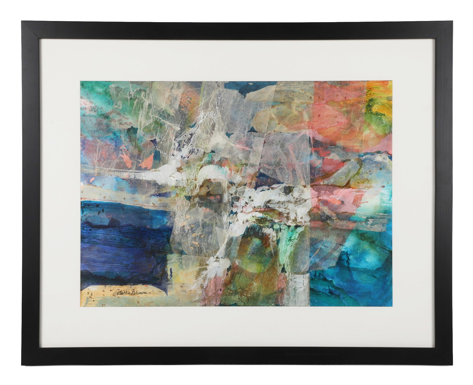 Brown, Carrie Burns (American 20th C): Carrie Burns Brown American 20th C Untitled Mixed media on paper Colorful abstract composition. Signed, lower left hand corner. Framed under glass.