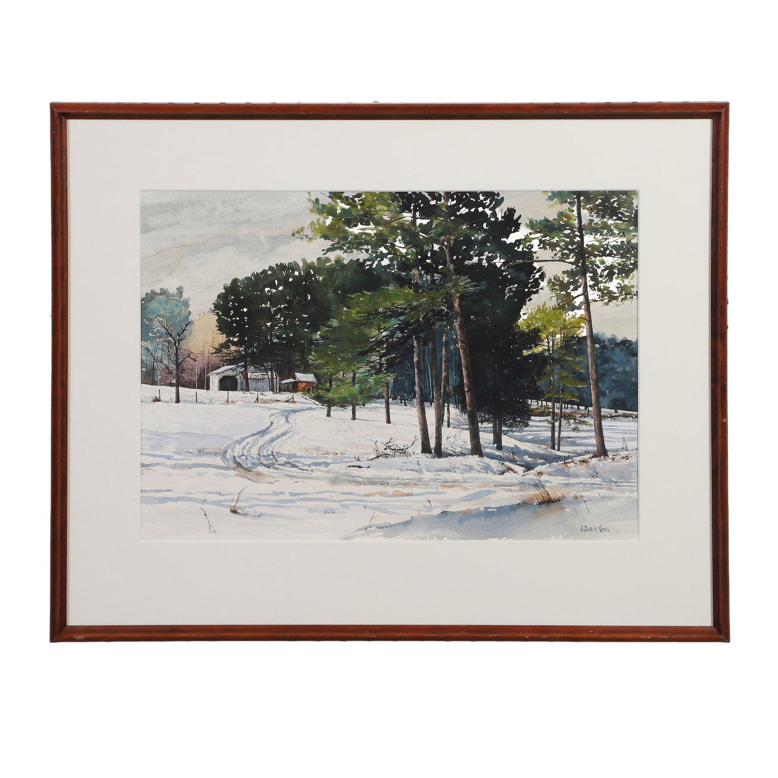 Herr, Robert M. (American 1929-2006): Robert M. Herr American 1929-2006 Untitled (Landscape) Watercolor Watercolor on paper depicting a home in the distance, mostly obscured by trees. Signed. Image Height: 13 1/4 in, Image Width: 18 3/4