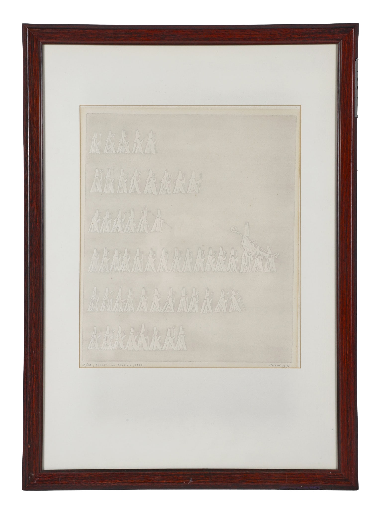 Micossi, Mario (Italian 1922-2008): Mario Micossi Italian 1922-2008 Parata al Concilio, 1963 Lithograph. Of an edition, numbered 20/48. Depicting "Parade of the Council". Signed and dated in pencil. Framed under glass. W: 16 in, H:
