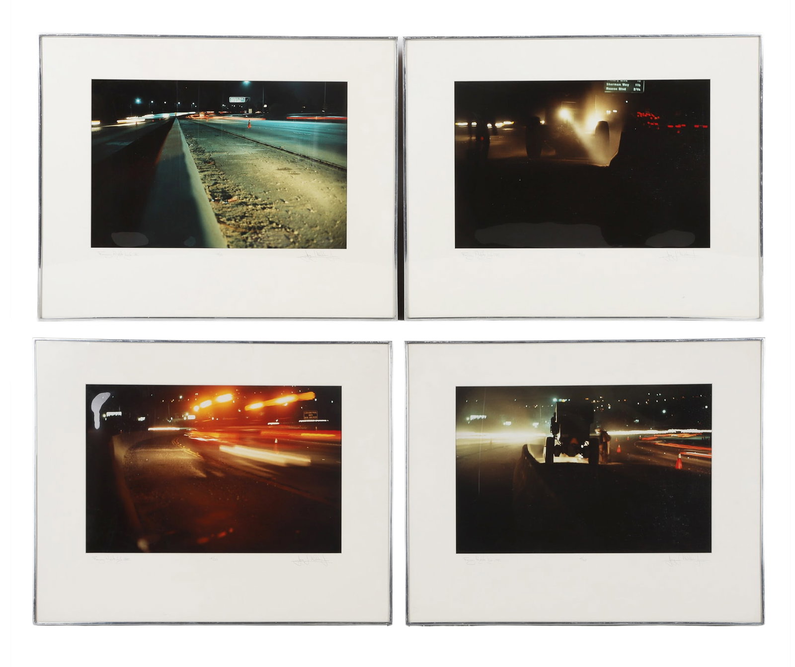 Milliken, George: George Milliken (4) Photographs. Freeway Nightlife (4) Photos from the Freeway Nightlife series. Titled and Signed in pencil. Framed under glass. Image Height: 11 in, Image Width: 14 in, Framed
