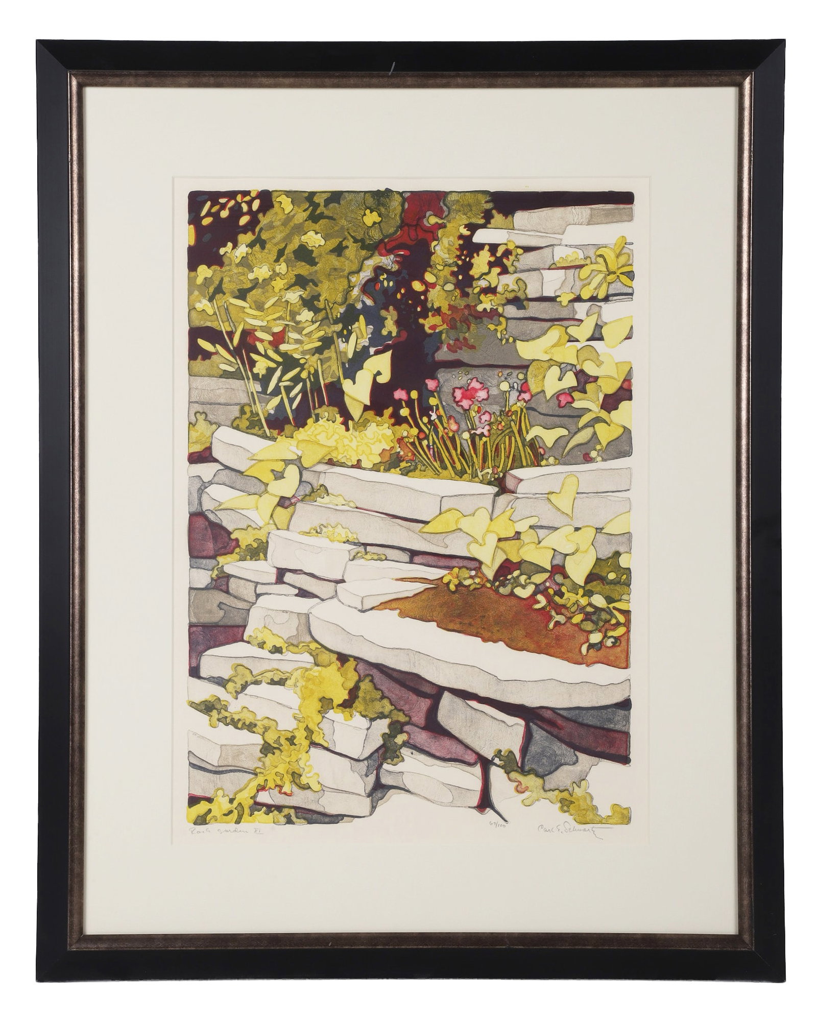Schwartz, Carl E. (American 1935-2014): Carl E. Schwartz American 1935-2014 Rock Garden XI Lithograph Of an edition numbered 67/100. Titled and Signed in pencil. Framed under glass. Image Height: 20 in, Image Width: 14 in