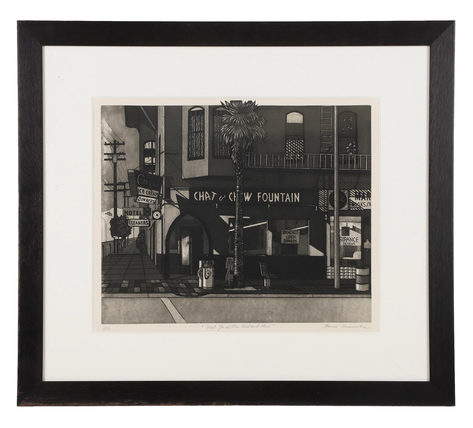 Vaumontier, Harris: Harris Vaumontier Meet Ya' at The Chat & Chew Etching Of an edition numbered 6/30. Signed. Image Height: 14 1/4 in, Image Width: 17 3/4 in, Framed Height: 25 1/8 in, Framed Width: 28 1/2 in, Framed