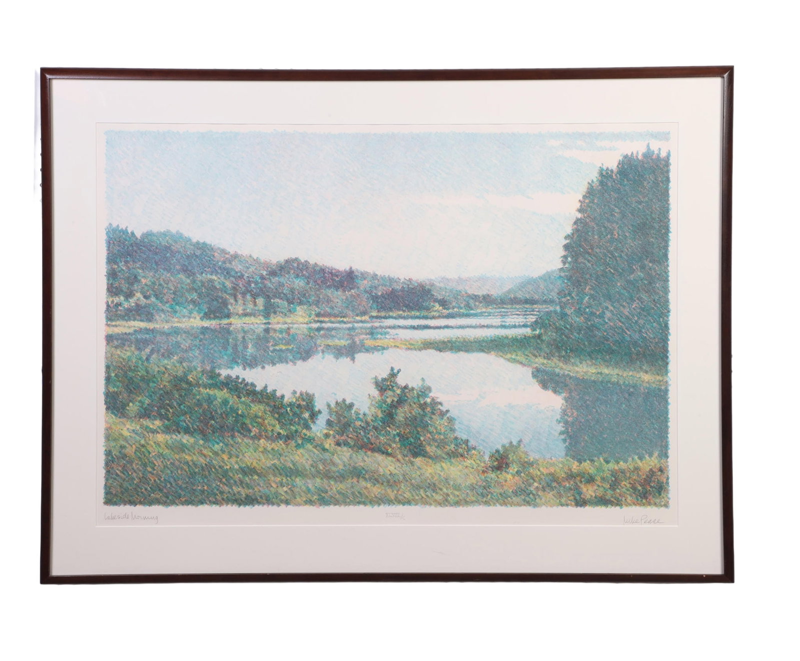 Pease, Mike (American 1930?2007): Mike Pease American 1930–2007 Lakeside Morning Lithograph Pencil signed on lower right corner. Framed under glass. Height: 33 in, Image Width: 44 in Mike Pease is a professional artist