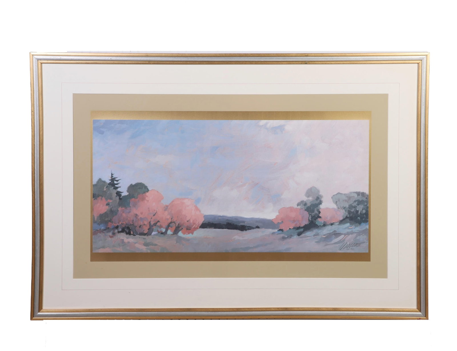 Hayslette, Max (American 1929-2024): Max Hayslette American 1929-2024 Untitled Acrylic on paper Expressionism landscape. Signed lower right hand corner. Ed. 950. Image Height: 23 in, Image Width: 39 in, Framed Height: 33 1/4 in, Framed