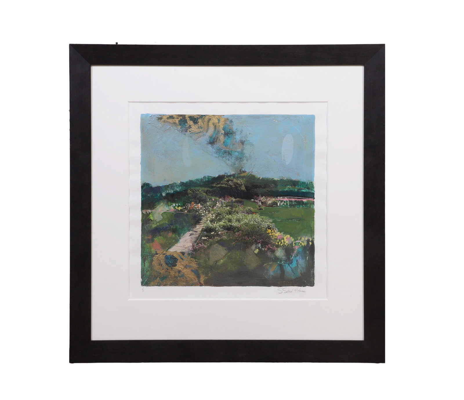Sokol-Hohne, Starlie (American 20th C): Starlie Sokol-Hohne American 20th C Untitled (Garden Scene) Collage with monotype Lush garden scene with central urn surrounded by stone path, flower beds, etc. Signed on lower right. Framed under gla