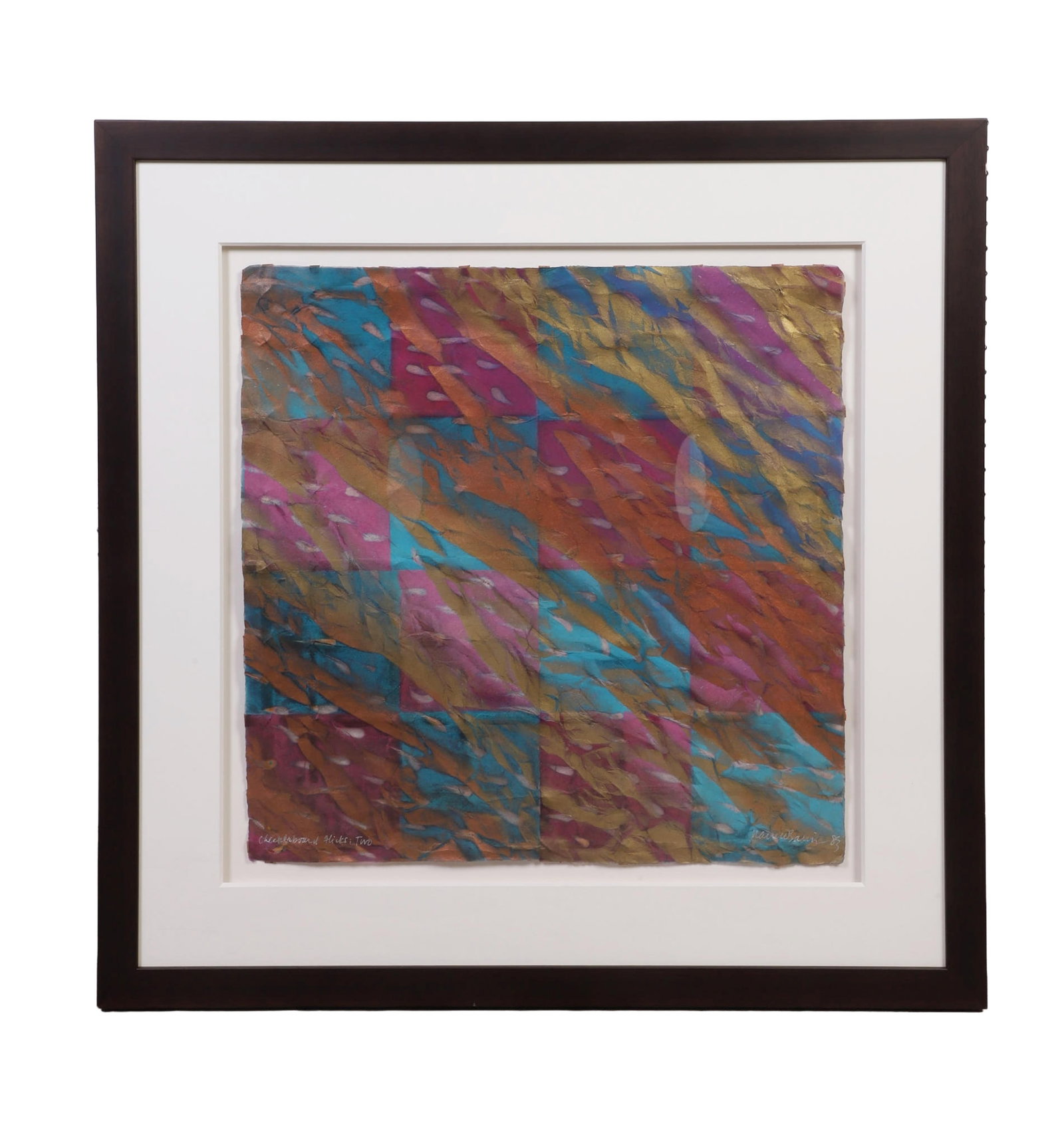 O'Banion, Nance (American 1949-2018): Nance O'Banion American 1949-2018 Checkerboard Flicks: Two, 1983 Mixed media Colorful abstract. Paper label on obverse. Framed under glass.
