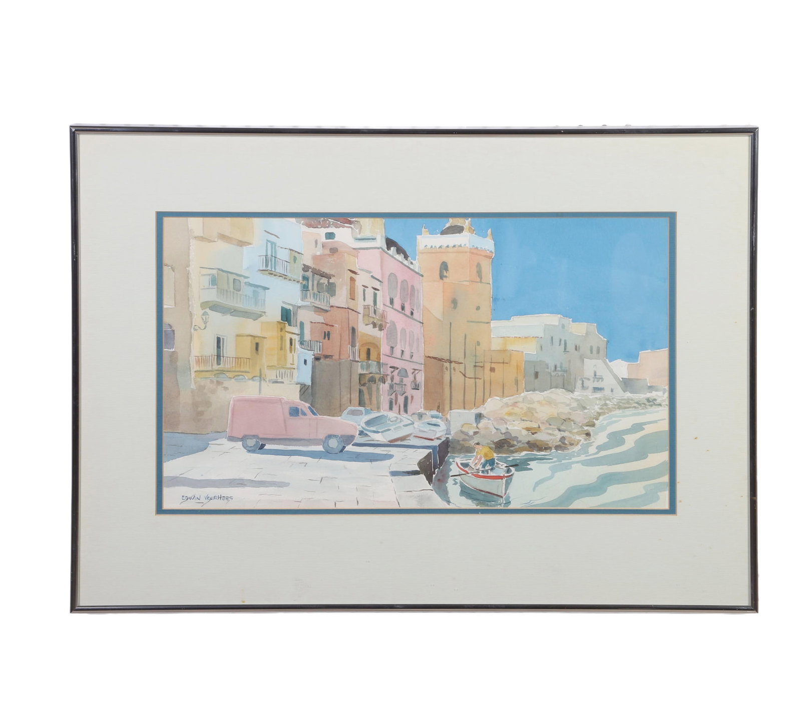 Voorhees, Edwin (American 1919-1999): Edwin Voorhees American 1919-1999 Red Skiff Watercolor Colorful coastal street scene with pastel-toned buildings, cars, and a person near a small boat. Signed lower left. Framed under glass. Label