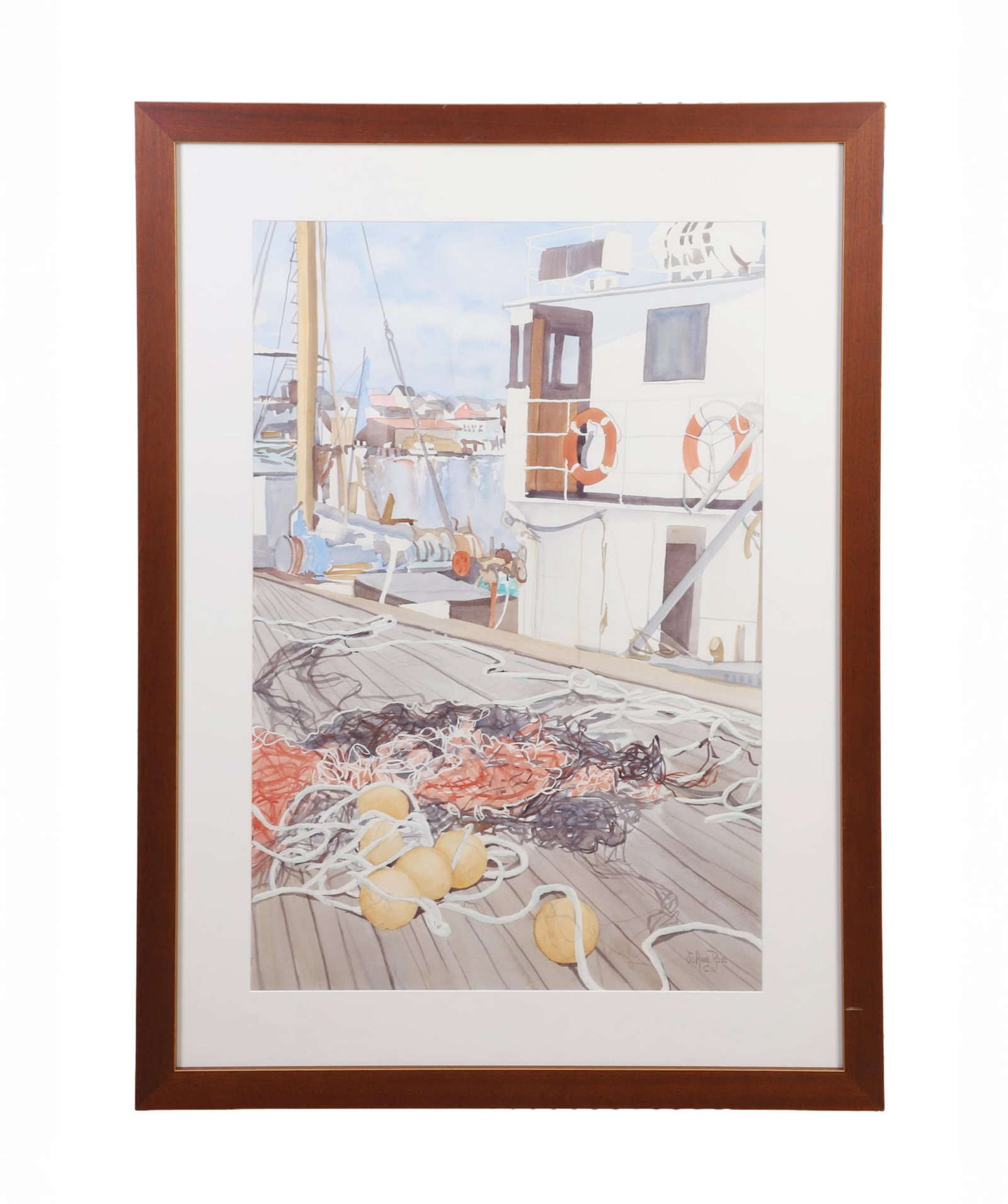 Rose, JoAnne (American 20th C): JoAnne Rose American 20th C Untitled (Nets and Buoys), 1986 Watercolor Harbor scene of fishing gear on the dock with boat tied up alongside and additional buildings in the distance on other side of