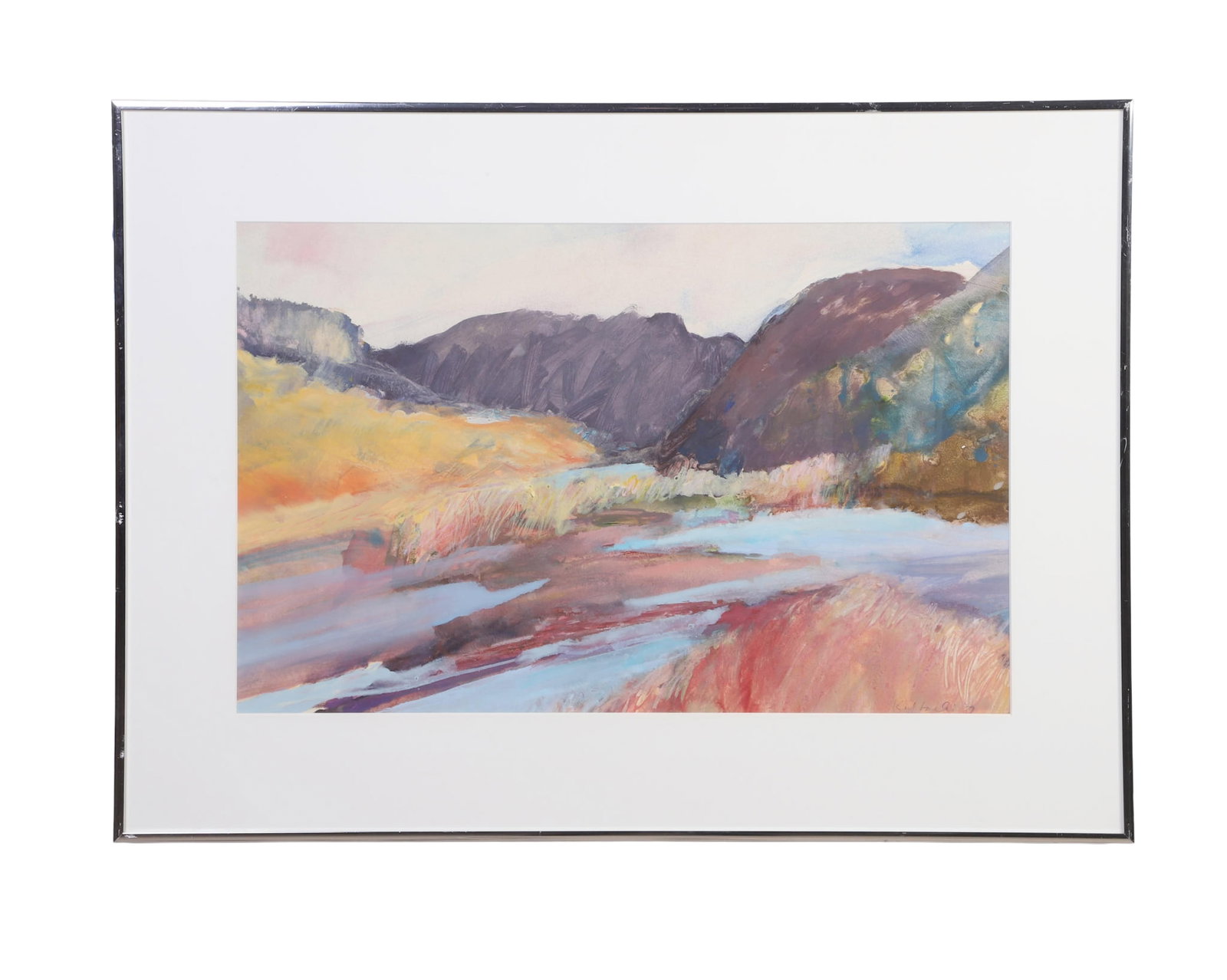 Kulbacki, Susan (American b. 1946): Susan Kulbacki American b. 1946 Gentle Spring, 1979 Acrylic on paper Landscape with meadow and hills. Signed and dated lower right. Titled on the reverse. Framed under glass. Image Height: 14.75 in, I