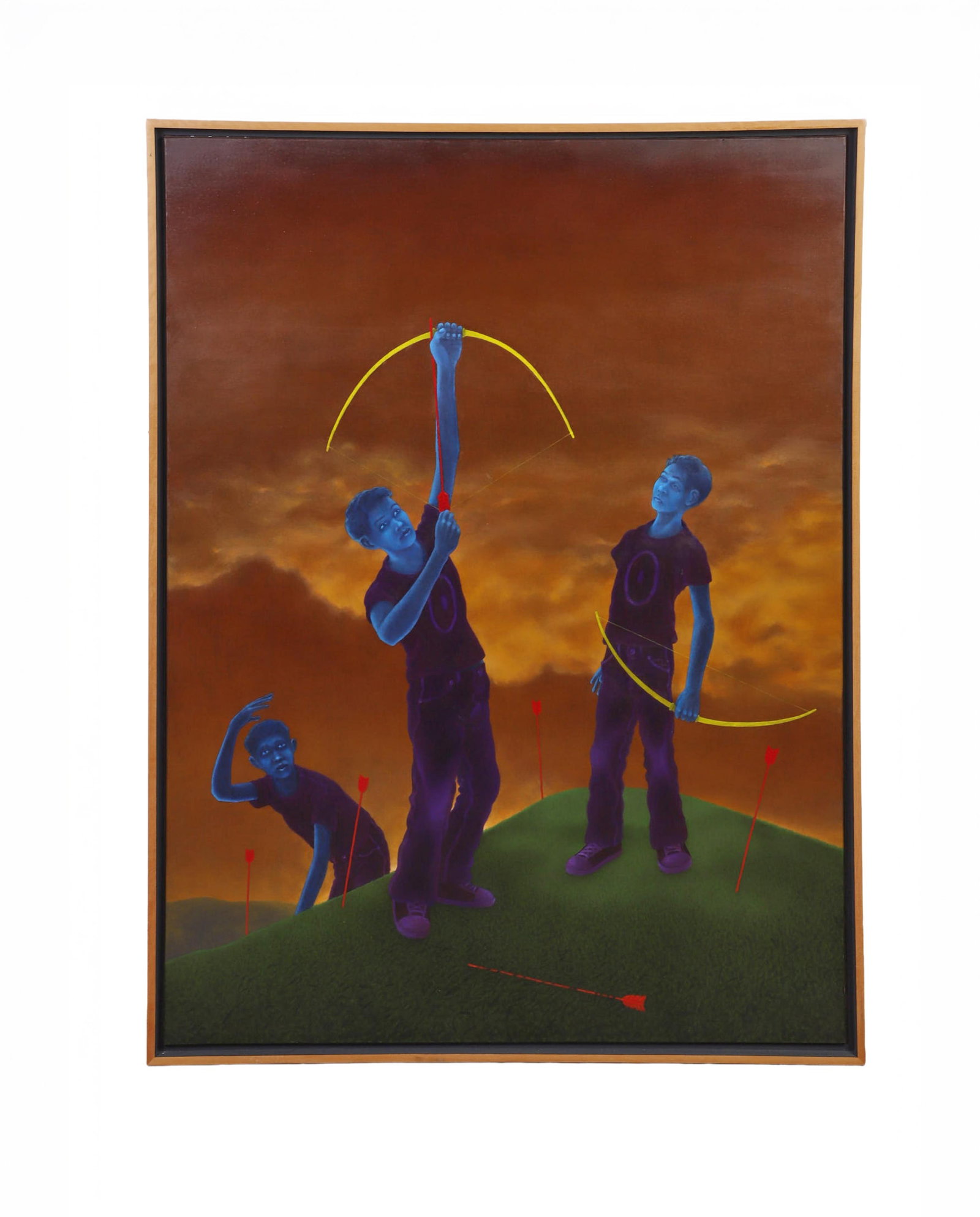 Smith III, Lee N. (American 20th C): Lee N. Smith III American 20th C The Sharpness of Fate, 1991 Oil on canvas Surreal depiction of three blue-toned figures of young men with bows and arrows standing on a grassy hill under a dramatic