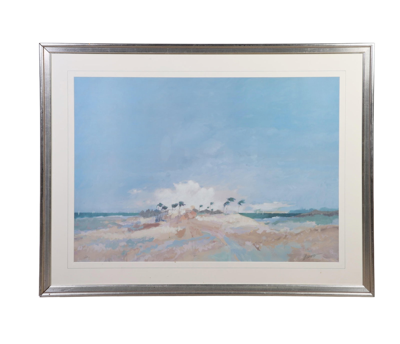 Hayslette, Max (American 1929-2024): Max Hayslette American 1929-2024 Untitled (Beach) Lithograph Sandy beach scene with palm trees blowing in the wind and sea in the distance. Of an edition, numbered 116/950. Signed lower right. Framed