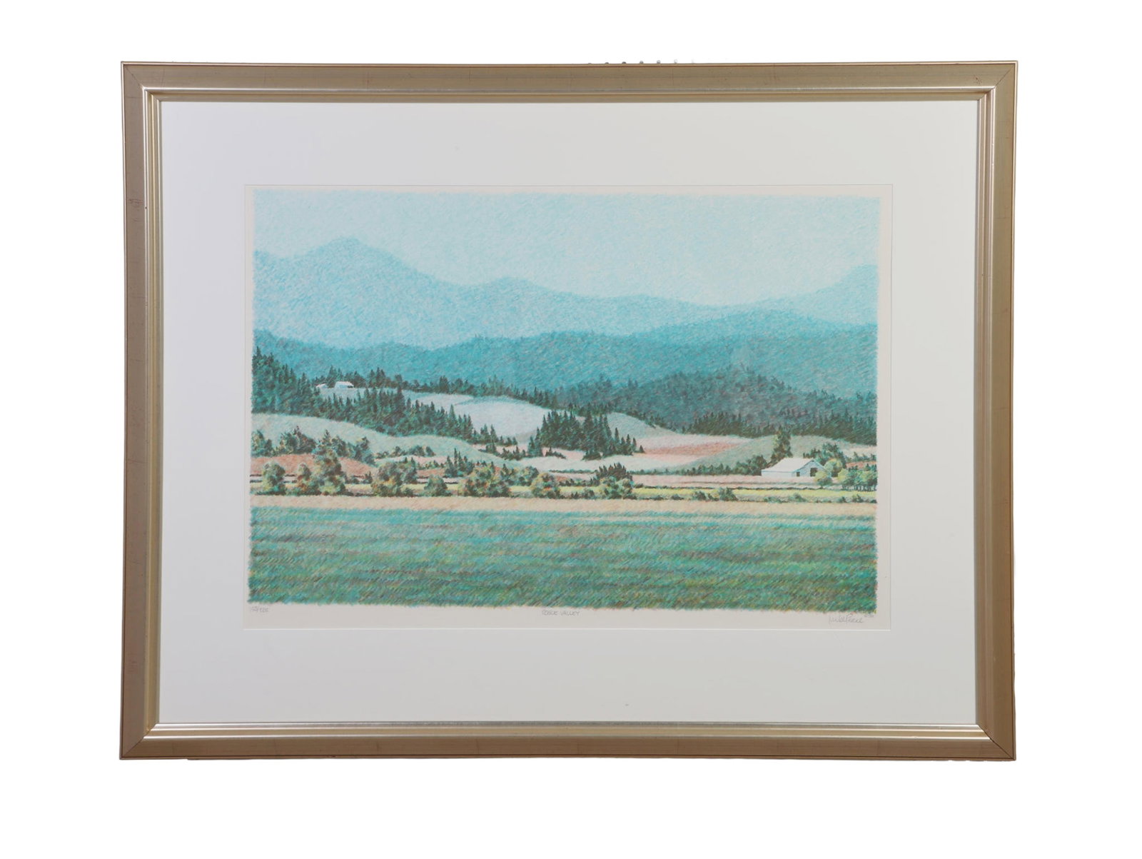 Pease, Mike (American 1930-2007): Mike Pease American 1930-2007 Rogue Valley, 1990 Lithograph Valley landscape with hills. Of an edition, numbered 153/225. Signed lower right and dated 1990 in pencil. Framed under glass.