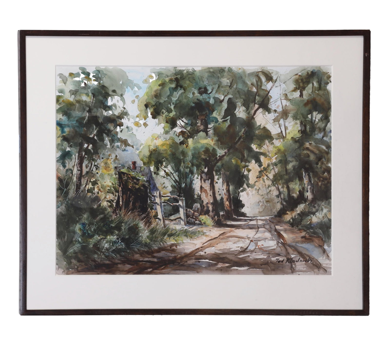 Klodnicki, Taddeus (Polish-American 20th C): Taddeus Klodnicki Polish-American 20th C Country Road, NH Watercolor Woodsy landscape. Bearing a label on reverse for the Rockport Art Association. Signed lower right. Framed under glass.
