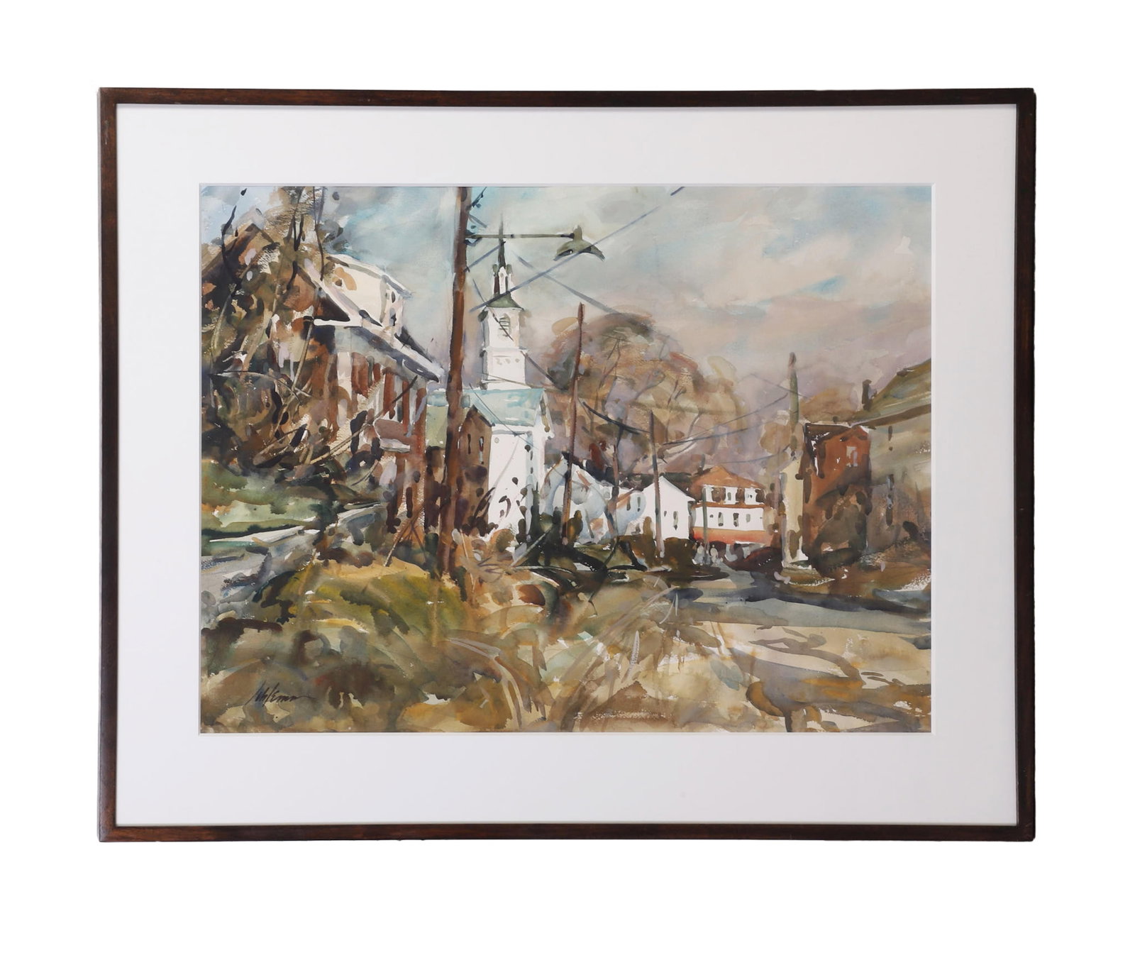 Schlemm, Betty Lou (American 1934-2021): Betty Lou Schlemm American 1934-2021 Untitled (Landscape) Watercolor Street scene with homes, church and street light. Signed lower left.