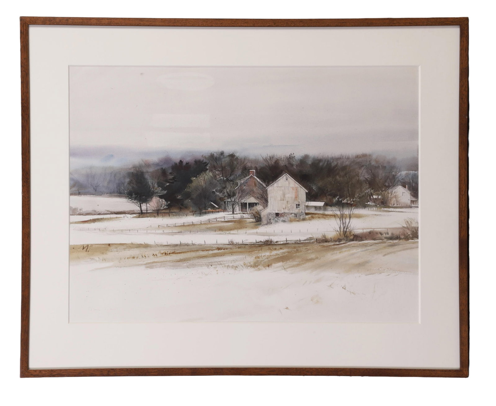 Rickert, Paul (Pennsylvania 1947-2023): Paul Rickert Pennsylvania 1947-2023 White Barn Watercolor Bearing brass plate on the reverse. Framed under glass.