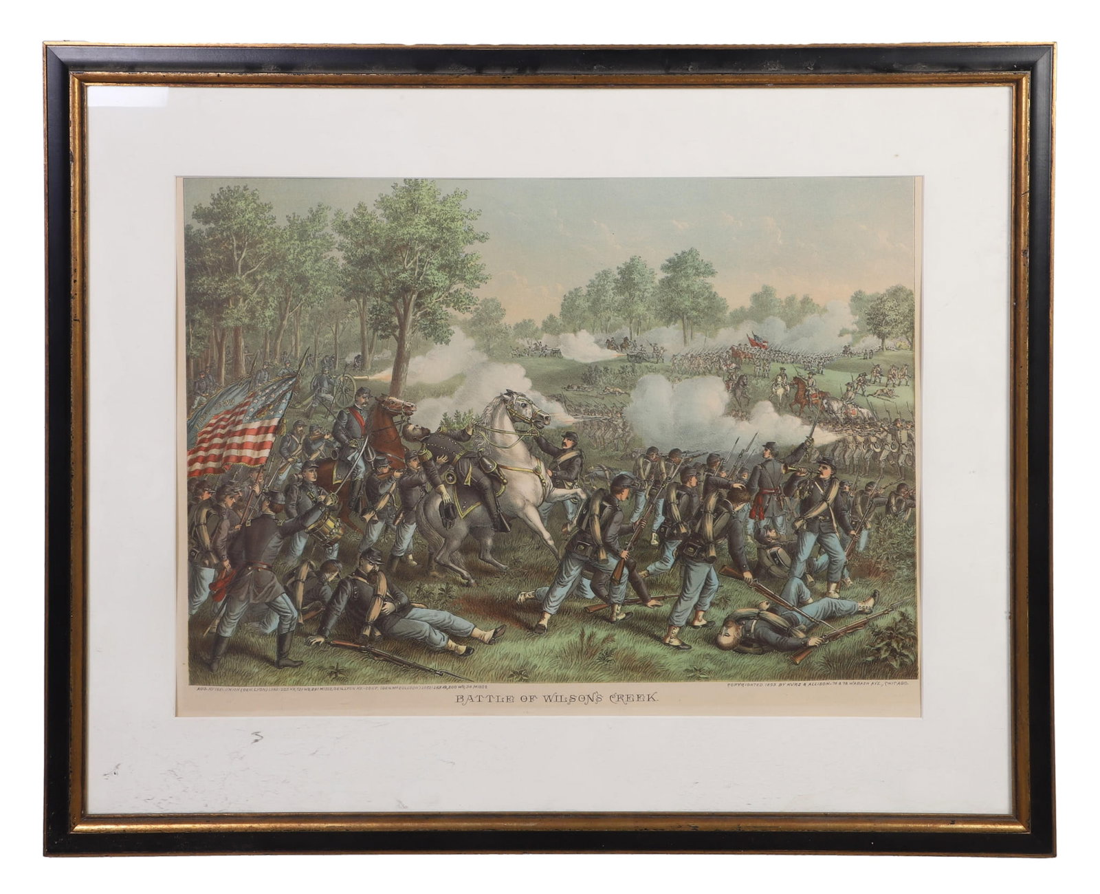 1893 Chromolithograph: Battle of Wilson's Creek, 1893 Chromolithograph engraving Kurz & Allison on reverse. Image Height: 18.5 in, Image Width: 25.5 in, Framed Height: 28 in, Framed Width: 34.25 in.