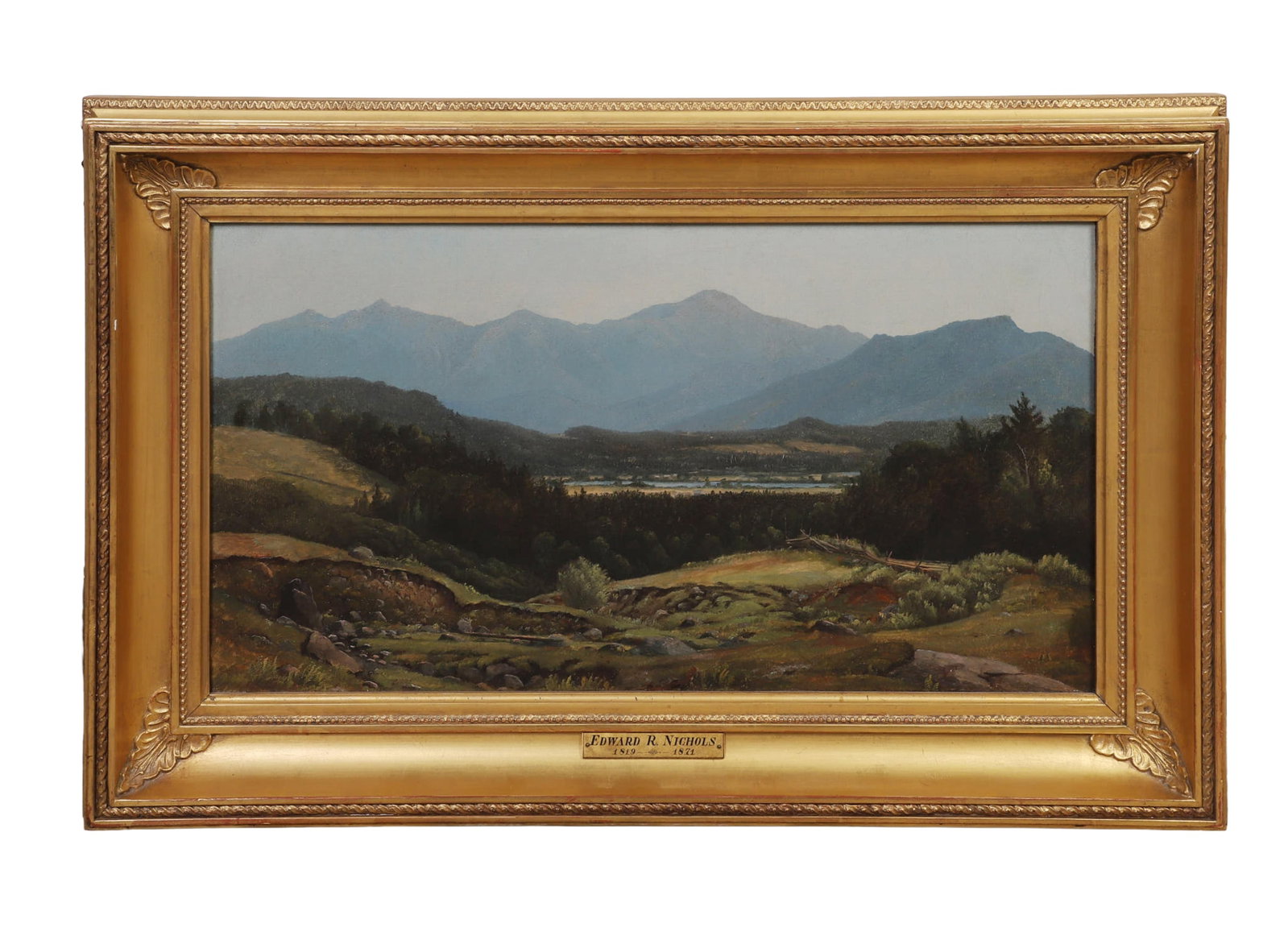 Nichols, Edward R. (American 1819-1871): Edward R. Nichols American 1819-1871 Hillside in Summer, New England Oil on Canvas Beautiful summer landscape, possibly a view of The White Mountains. Frame bears brass plate "Edward R. Nichols
