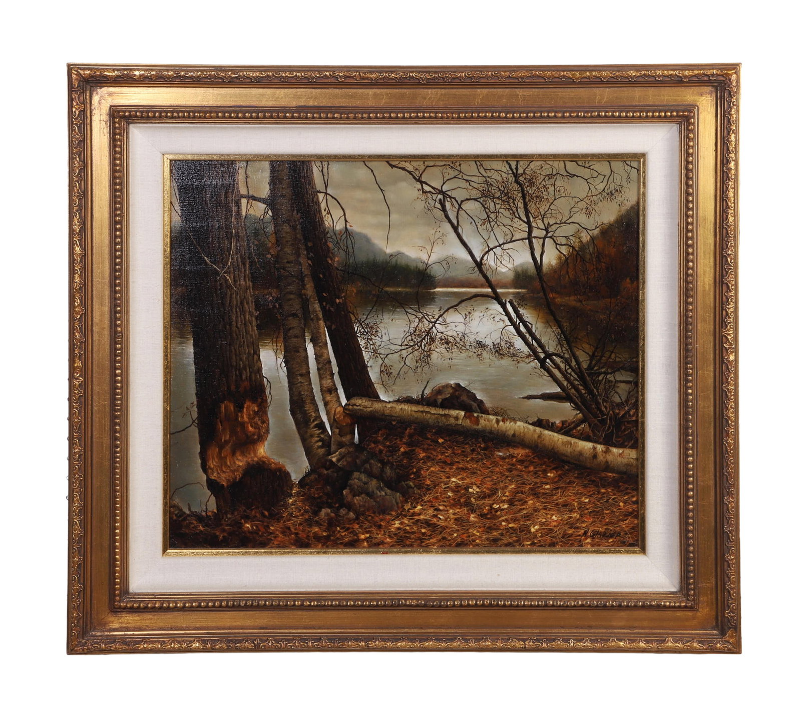 Glazier, Nancy (American b.1947): Nancy Glazier American b.1947 Beaver Pond Oil on canvas Dramatic pond-side image with tree trunk chewed by beaver. Signed lower right. Image 20.25" x 24", Frame Height: 29.25 in, Width: 33.25 in