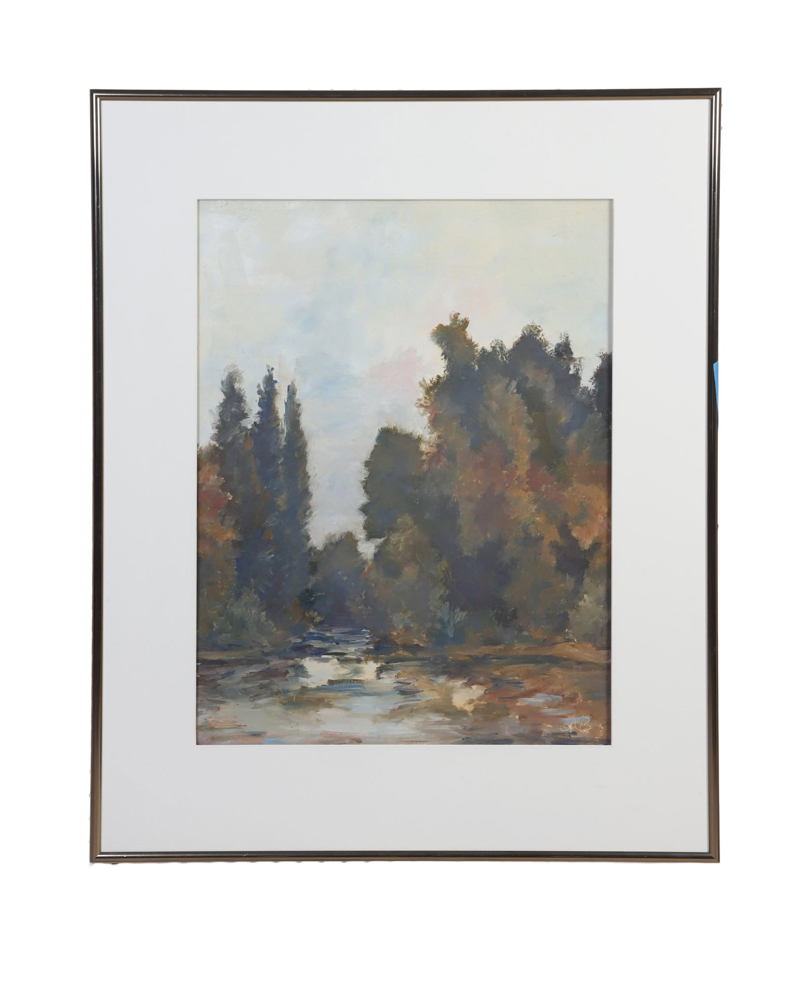Barnette, Richard (American 20th C): Richard Barnette American 20th C French Lake Oil on paper. Tree lined vista. Framed under glass. Signed RB.