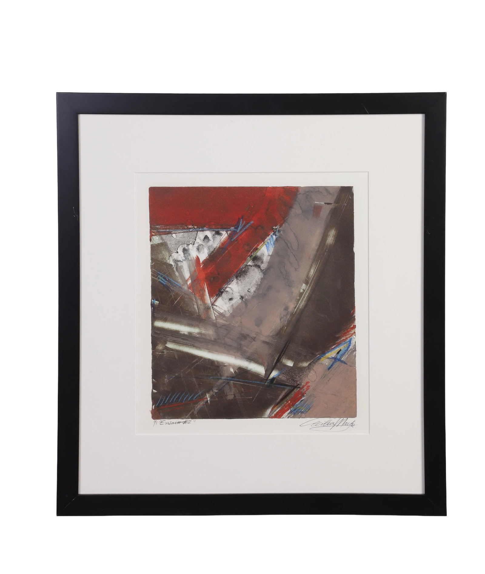 Mayr, Cecilia (Brazilian 20th C): Cecilia Mayr Brazilian 20th C Ensario #2 Monotype Of an edition, numbered 1/1. Signed lower right. Framed under glass. Image Height: 15 1/2 in, Image Width: 13 3/4 in, Framed Height: 25 in, Framed