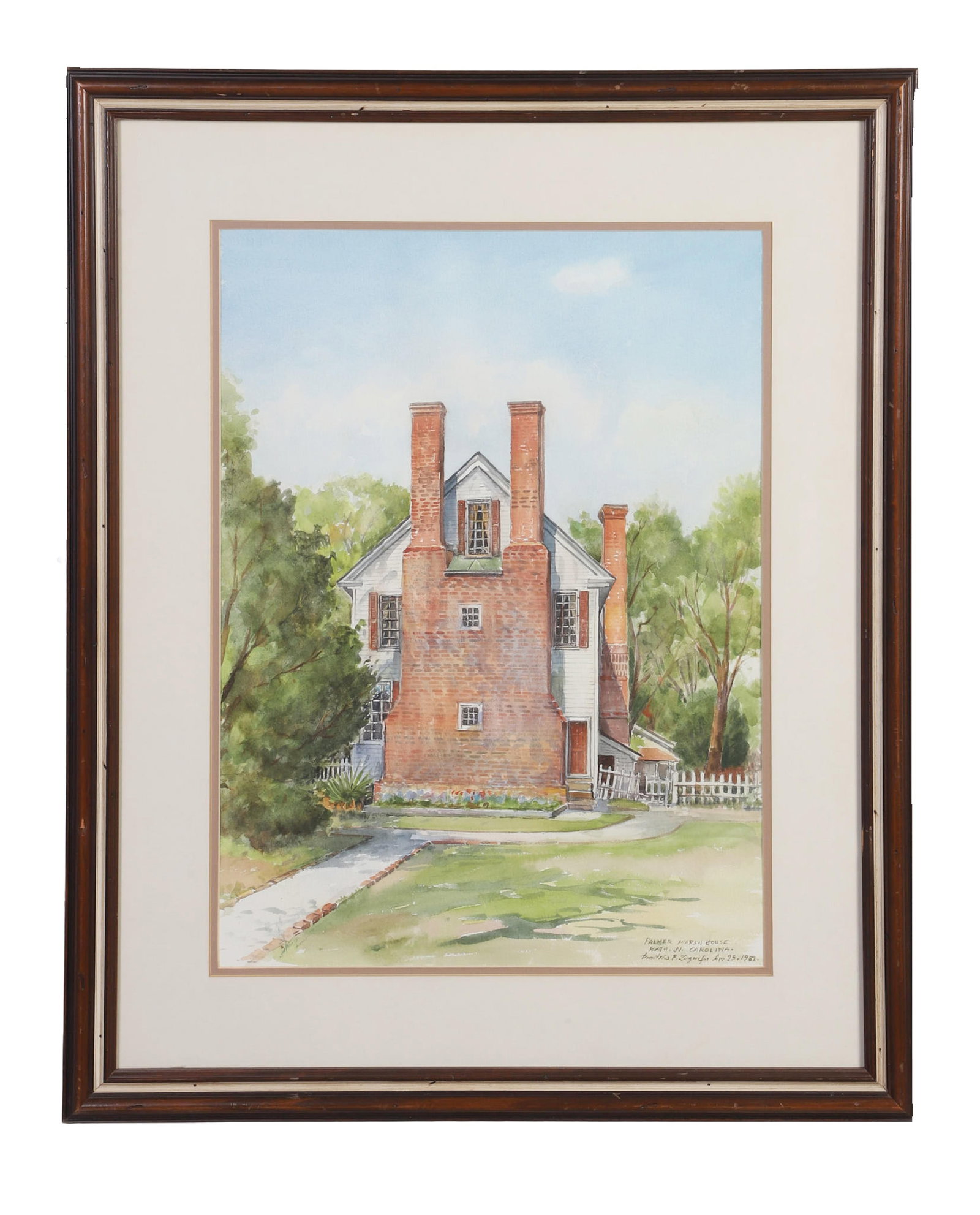 Zografos, Dimitrios P. (Greek 1909-1988): Dimitrios P. Zografos Greek 1909-1988 Palmer Marsh House Watercolor Portrait of the Palmer Marsh House, Bath, North Carolina. Titled, signed and dated Apr 25, 1982 lower right. Retains biography of