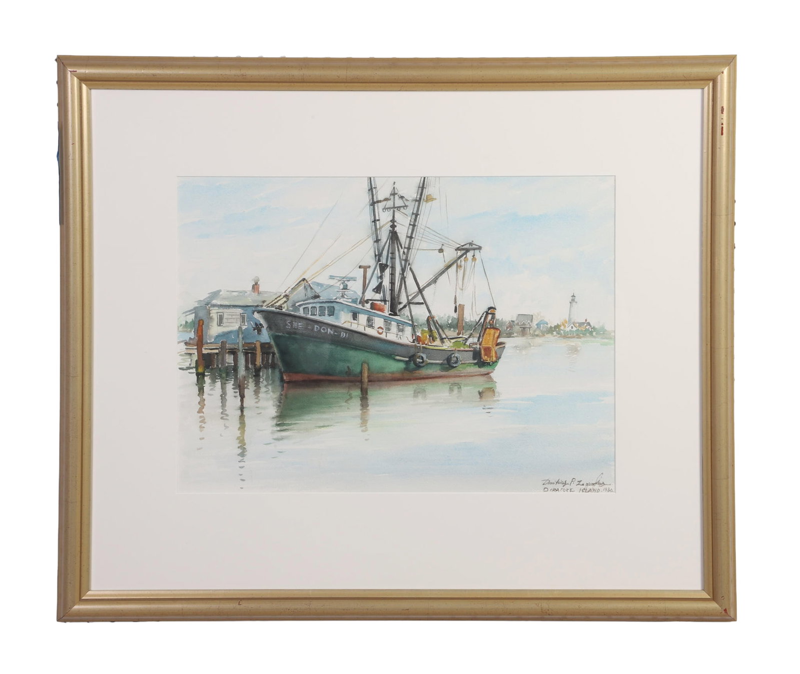 Zographos, Dimitrios (Greek 20th C): Dimitrios Zographos Greek 20th C She-Don-Di, Oracoke Island, 1980 Watercolor Signed lower right. Framed under glass.