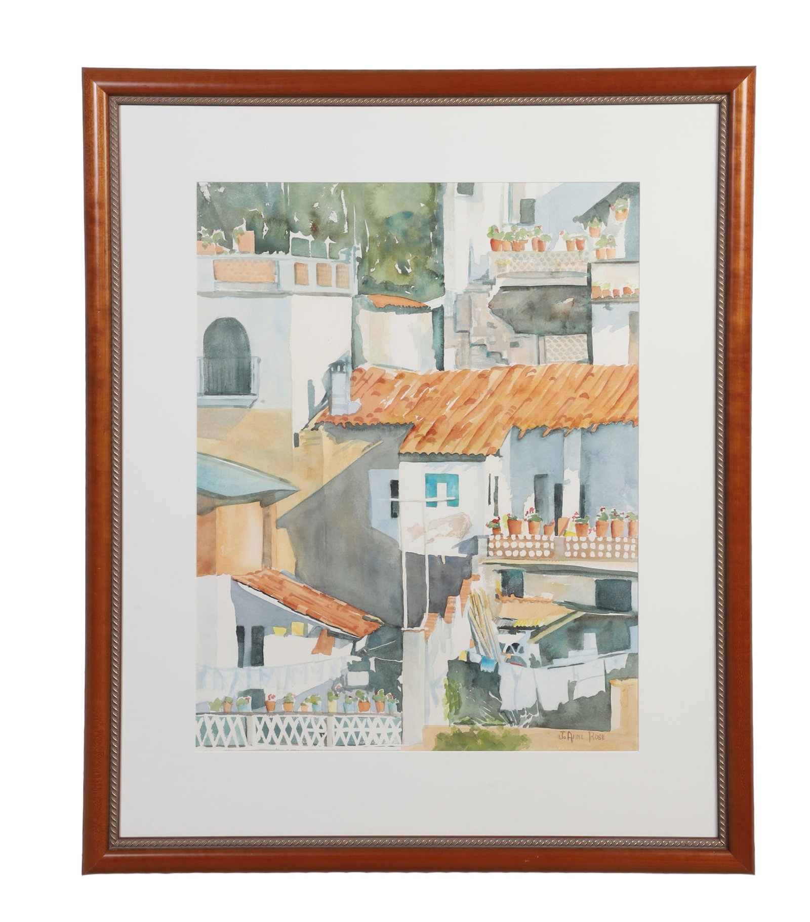 Rose, JoAnne (American 20th C): JoAnne Rose American 20th C Untitled (Coastal View) Watercolor Signed lower right. Framed under glass. Image Height: 28 in, Image Width: 22 in, Framed Height: 40 in, Framed Width: 33 in