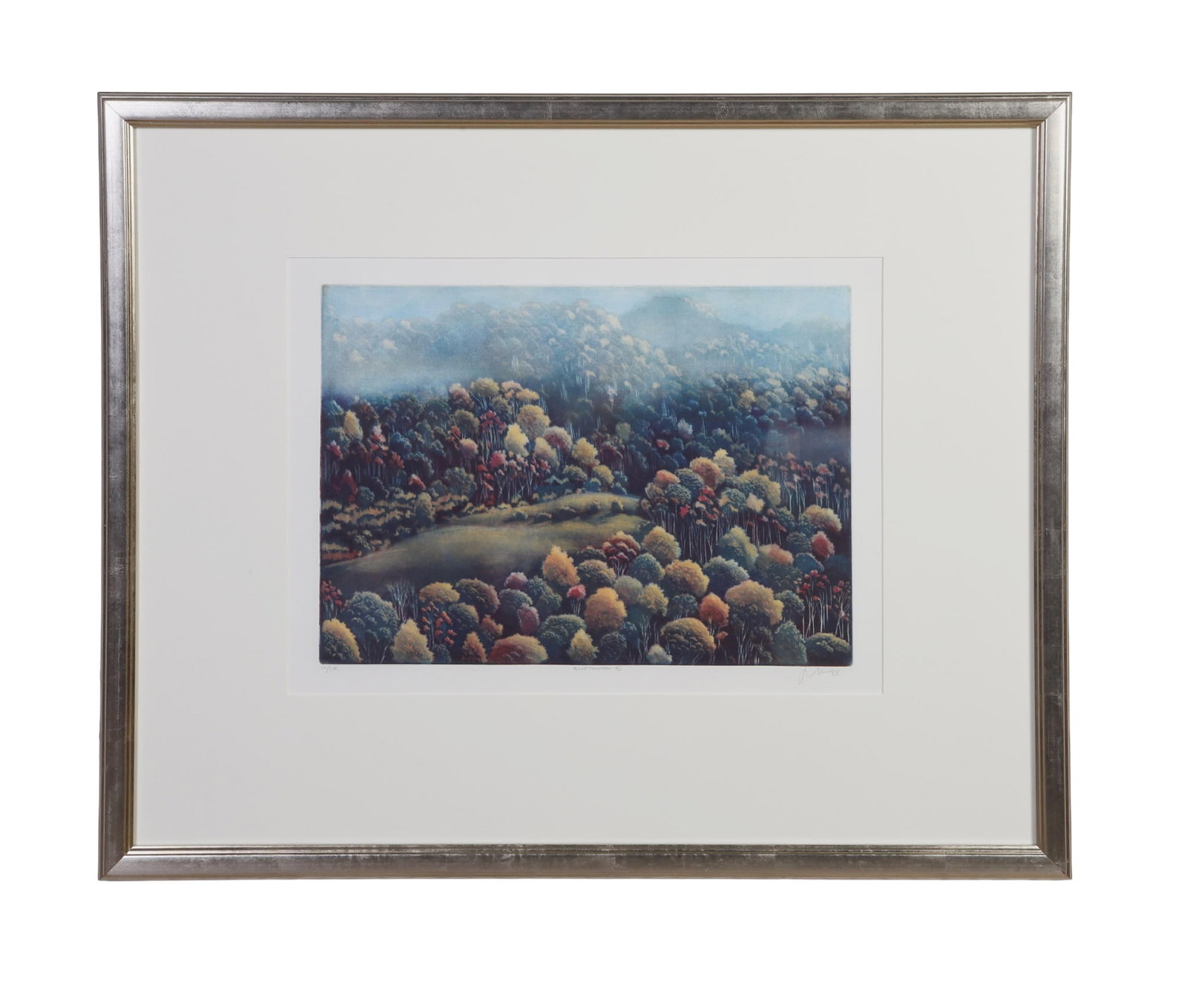 Jelen, Nicolette (American 20th C): Nicolette Jelen American 20th C Blue Mountain XII, 1995 Aquatint etching Of an edition, numbered 17/150. Signed lower right. Framed under glass. Image Height: 14 1/2 in, Image Width: 20 in, Framed