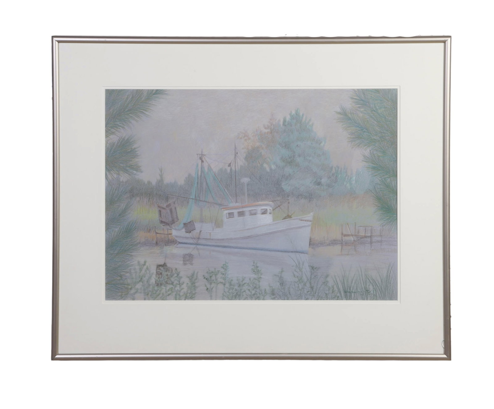 Pastel Composition: Signed Wainwright, Pastel Composition Pastel on paper A regionalism depiction of a shrimping trawler. Signed Wainwright. Framed under glass. Image Height: 17 in, Image Width: 23 1/4 in, Framed