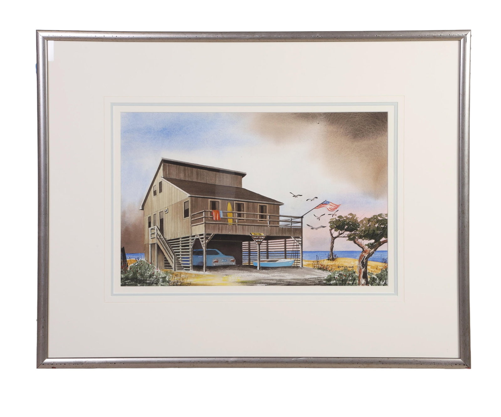 Coastal Watercolor Painting: Coastal Watercolor Painting, 1988A Watercolor on paper A cottage on stilts at the water's edge. Signed Guthridge. Framed under glass. Image Height: 13 1/2 in, Image Width: 21 in, Framed Height: 26