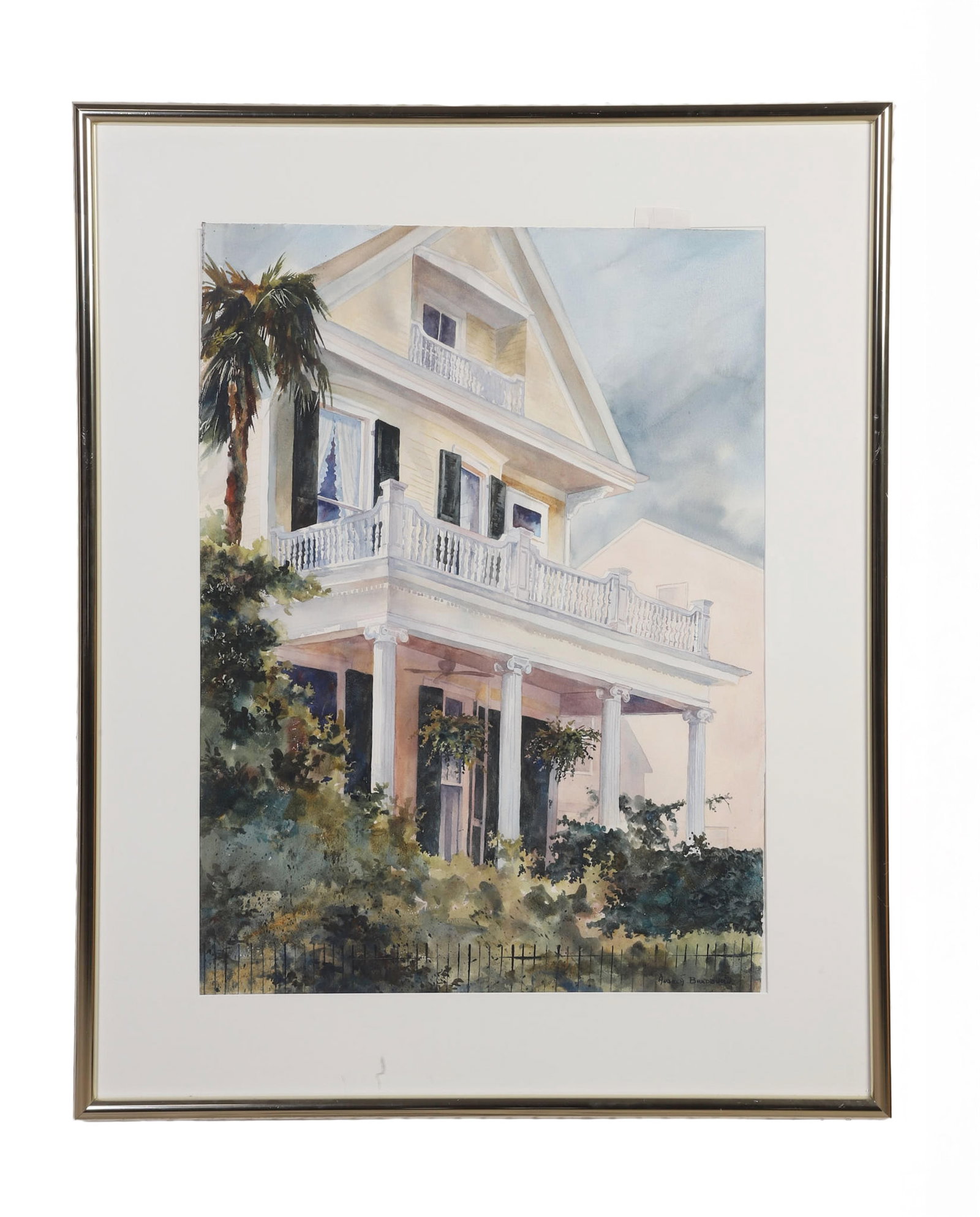 Bradburn, Angela (American 20th C): Angela Bradburn American 20th C Untitled (Southern Manse) Watercolor Framed under glass. Signed lower right. Image Height: 29 in, Image Width: 21 in, Framed Height: 38 in, Framed Width: 31 in