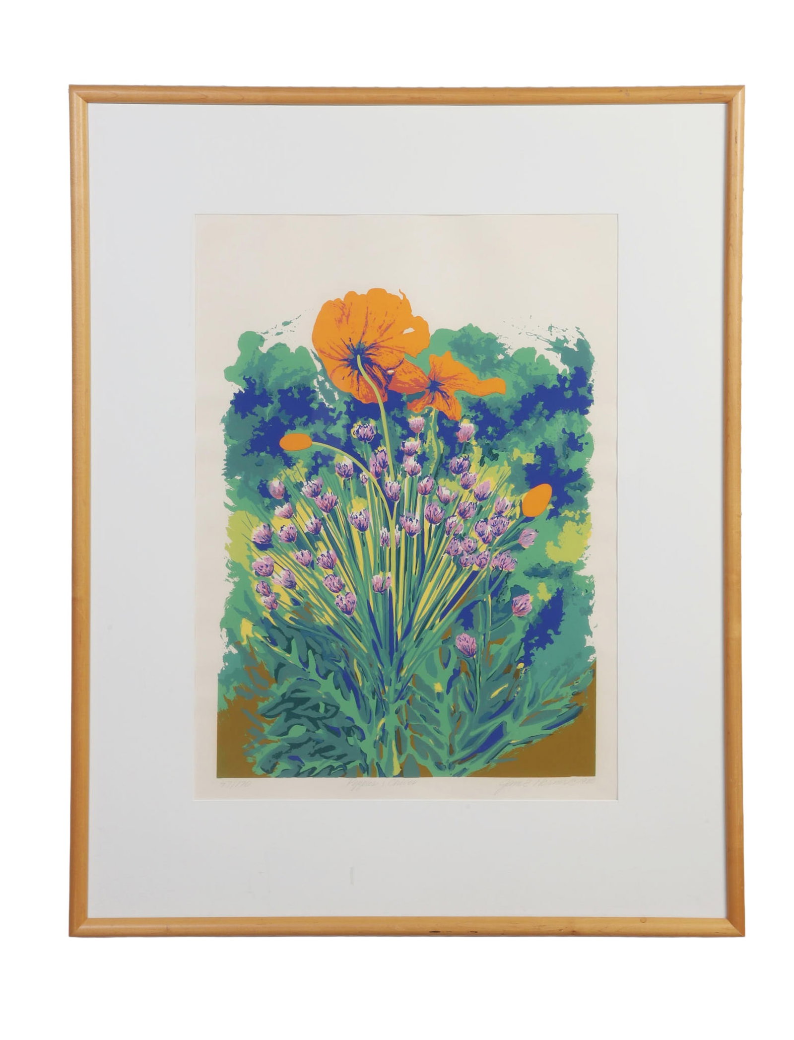 Horner, Jame E. (American 20th C): Jame E. Horner American 20th C Poppies & Chives, 1980 Lithograph Of an edition, numbered 47/170. Signed lower right. Framed under glass. Image Height: 27 in, Image Width: 19 1/4 in, Framed Height: 39