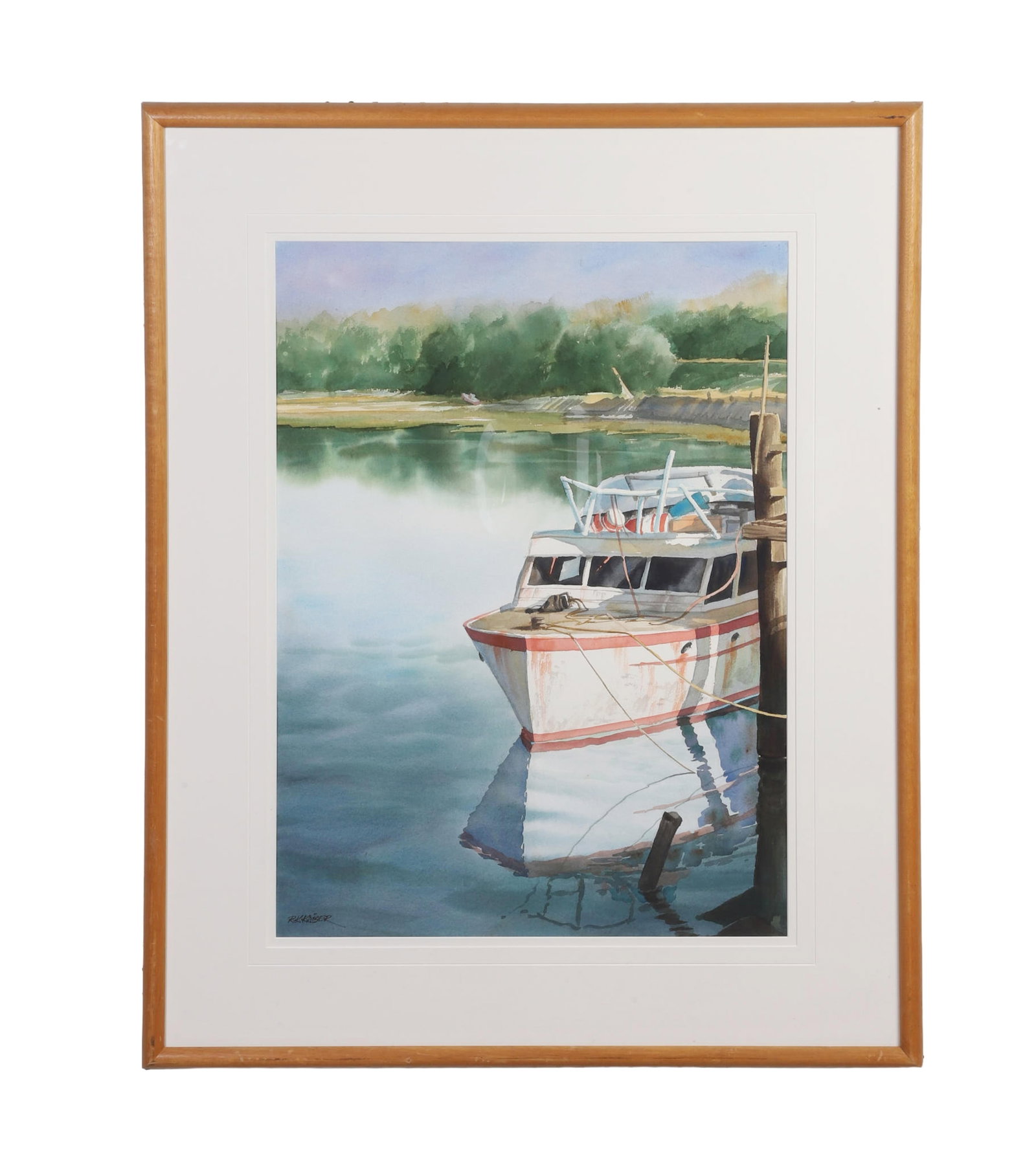 Kaiser, Richard K. (American 20th C): Richard K. Kaiser American 20th C Untitled (Dockside Work Boat) Watercolor Regionalist composition. Signed lower left. Framed under glass. Image Height: 29 in, Image Width: 21 in, Framed Height: 39