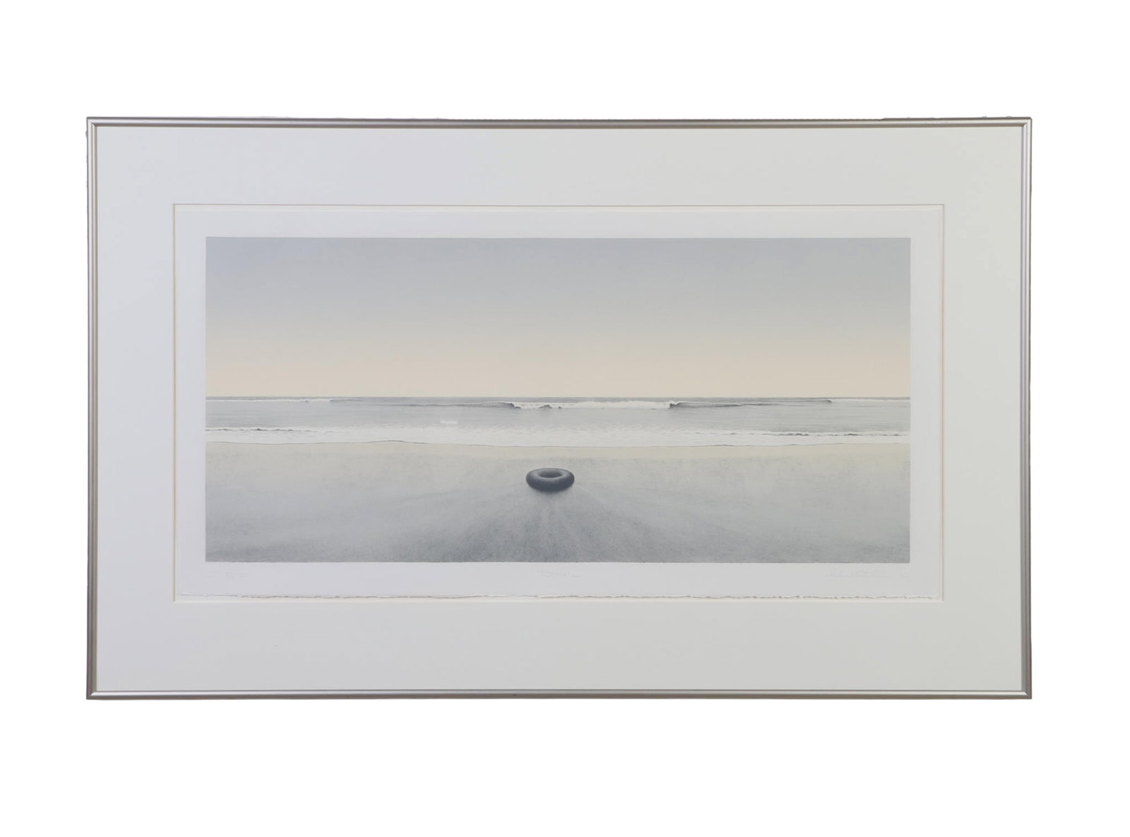 Stenhouse, Richard (American b. 1944): Richard Stenhouse American b. 1944 Untitled (Beach) Colored etching Coastal beach scene with central inner tube in sand and rolling waves rolling. Of an edition 23/30. Signed lower right.