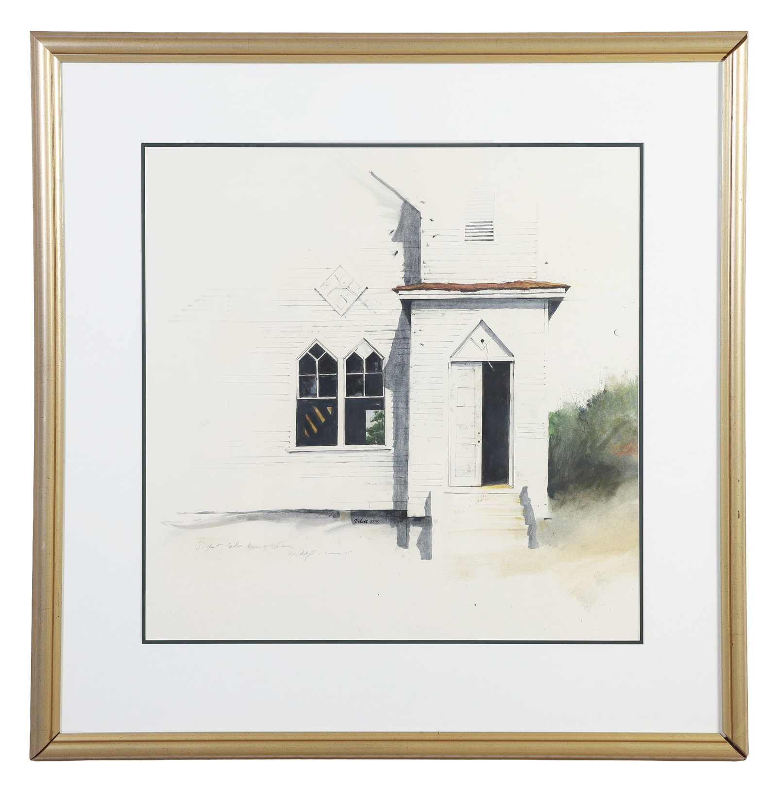 Dunlap, William Ralph (American 20th C): William Ralph Dunlap American 20th C Untitled (Gothic Door), Summer 1975 Watercolor and ink on paper Southern regionalism composition. Signed and inscribed illegibly. Framed under glass. Image
