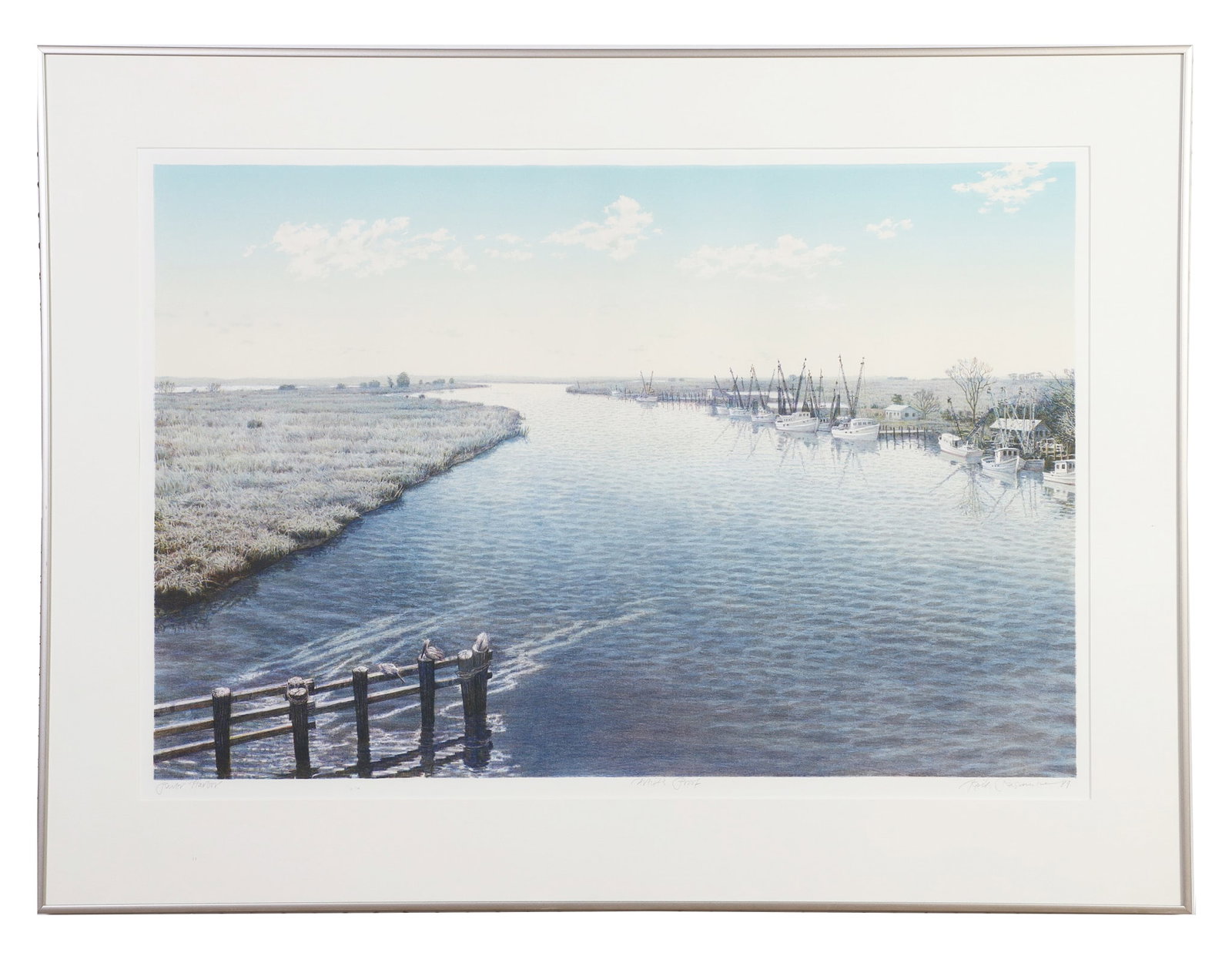 Rasmussen, Keith (American 1948-2006): Keith Rasmussen American 1948-2006 River Harbour, 1979 Lithograph Artist Proof. Signed lower right. Framed under glass. Image Height: 21 in, Image Width: 31 in, Framed Height: 28 in, Framed Width: 37