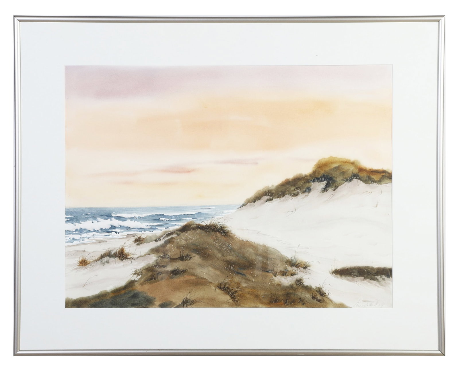 May, Nancy Tuttle (American 20th C): Nancy Tuttle May American 20th C Untitled (Coastal View) Watercolor Signed lower right. Framed under glass. Image Height: 21 1/4 in, Image Width: 29 in, Framed Height: 30 in, Framed Width: 38 in