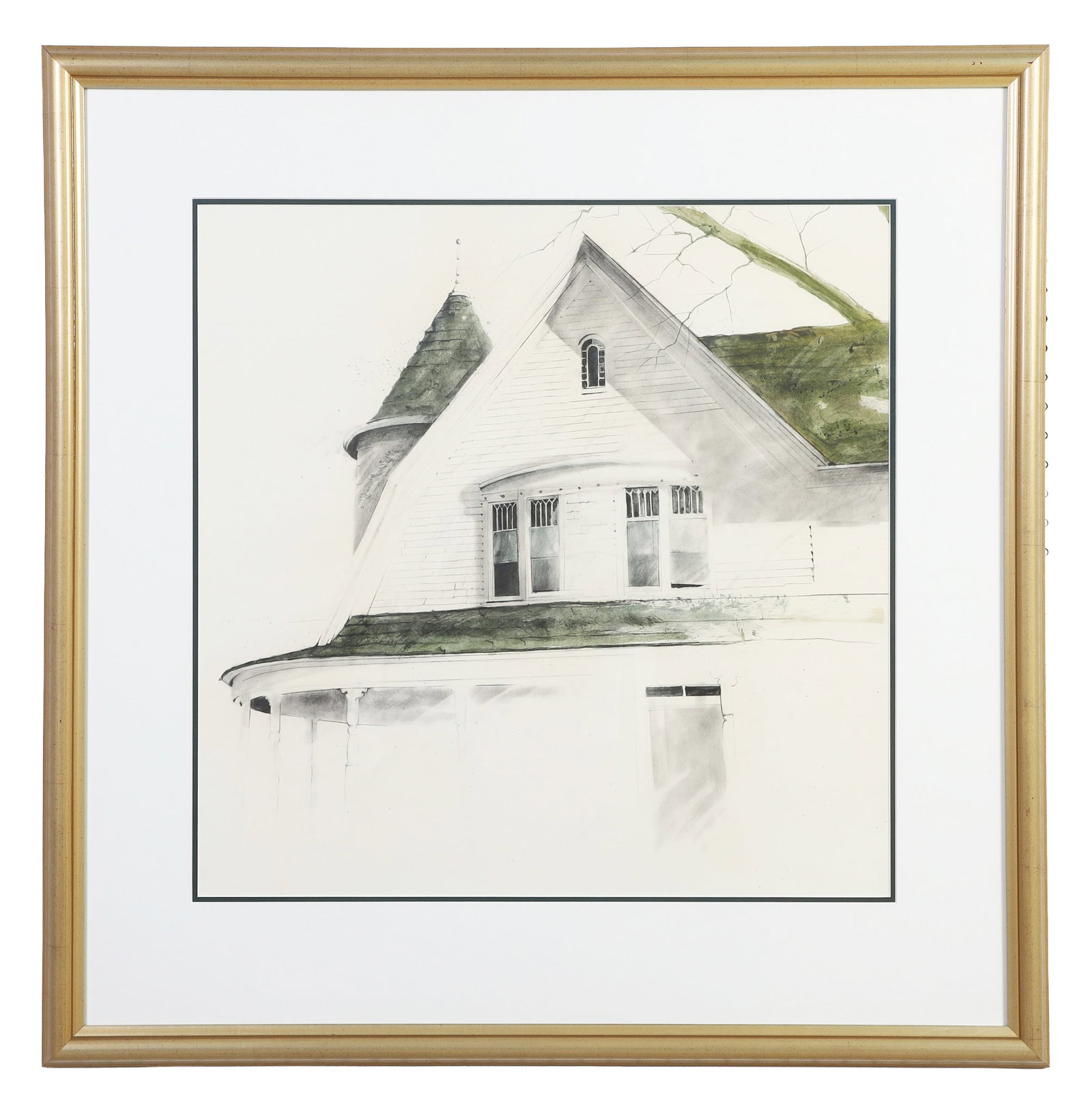 Dunlap, William Ralph (American 20th C): William Ralph Dunlap American 20th C Untitled (Turret and Gable), 1975 Watercolor and ink on paper A brilliant focus on the roofline in this Southern Regionalism work. Framed under glass. Image