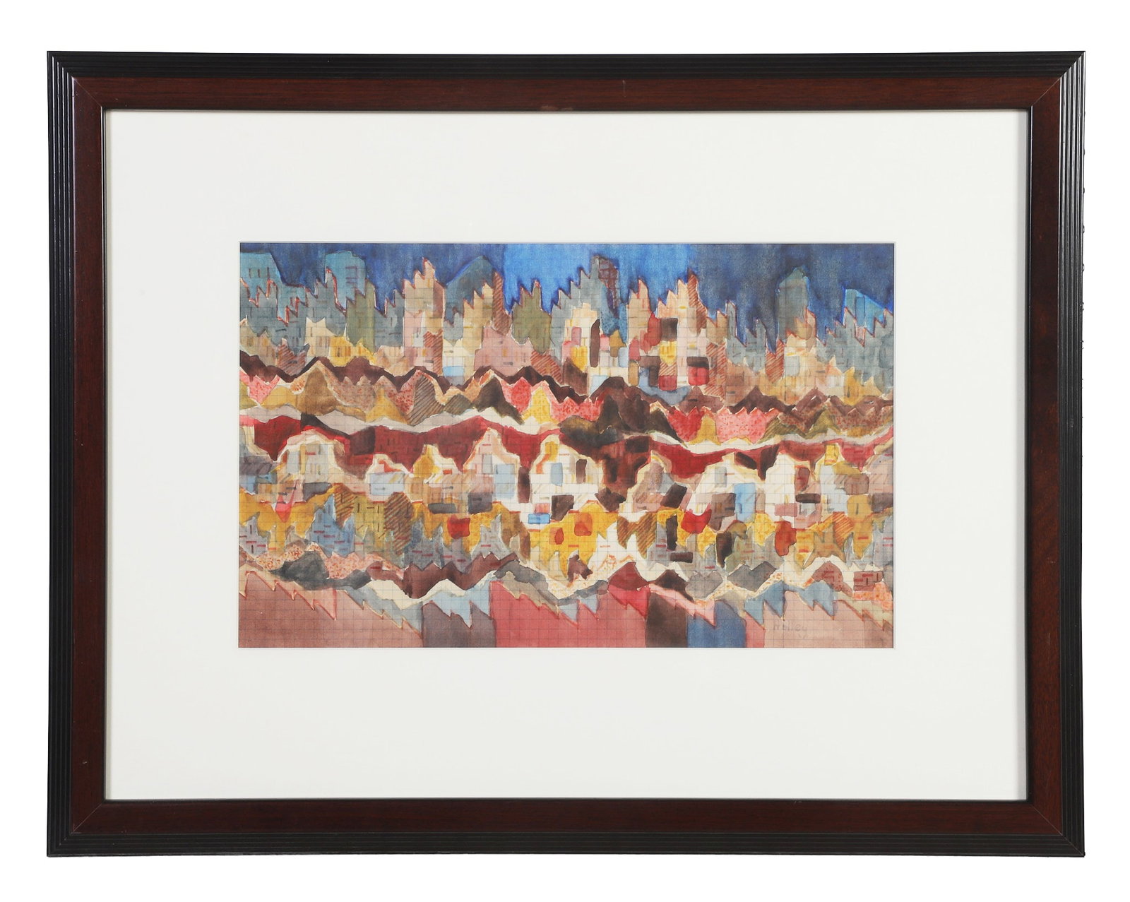 Modernist Abstract Cityscape: Modernist Abstract Cityscape Watercolor on paper Signed "Holley" on lower right. Image Height: 10 1/4 in, Image Width: 16 3/4 in, Framed Height: 20 1/4 in, Framed Width: 26 1/4 in
