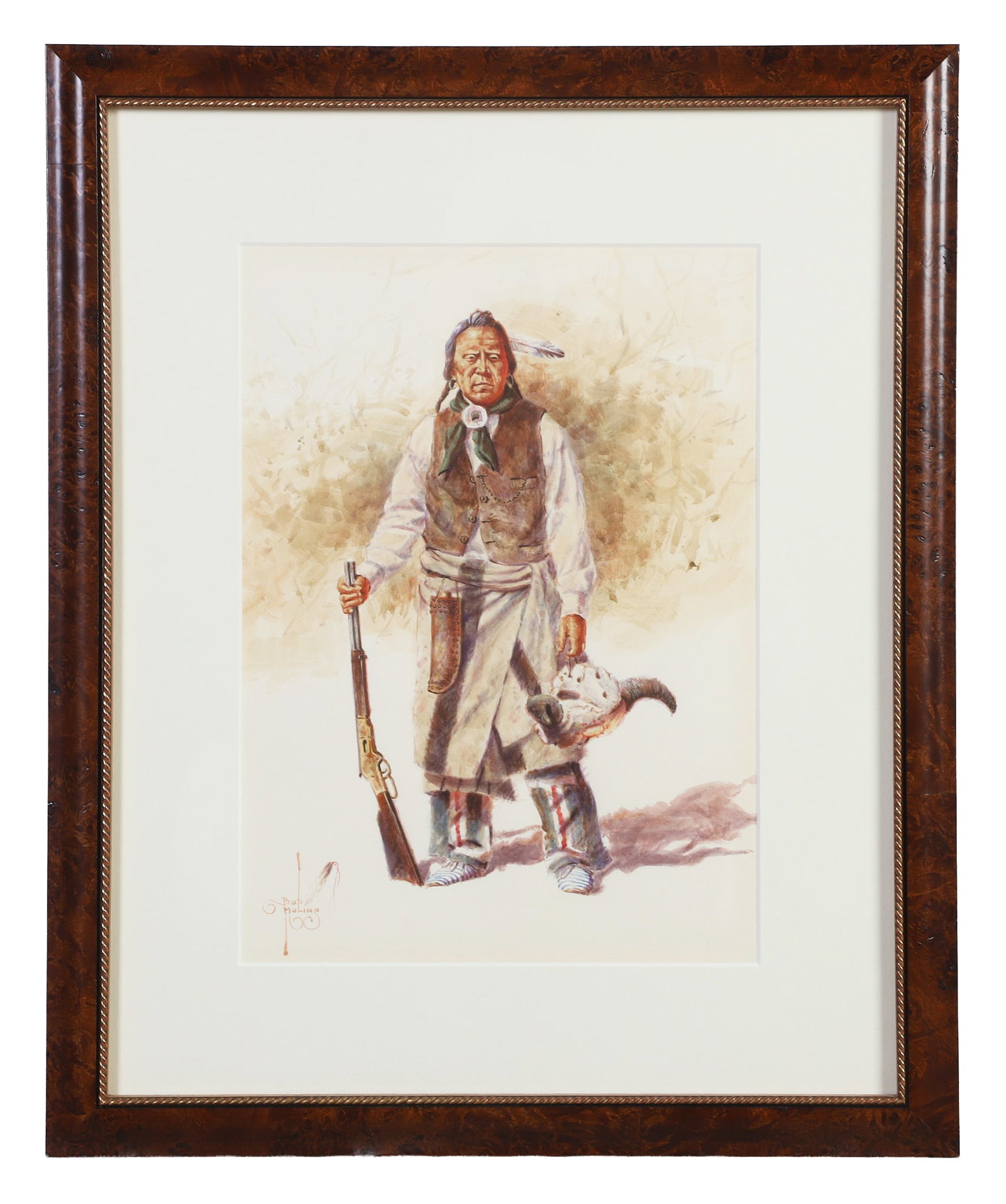 Moline, Bob (American b.1938): Bob Moline American b.1938 Black Bull, Blackfoot, 1988 Watercolor Portrait. Signed lower left. Framed under glass. Image Height: 12 in, Image Width: 9 in
