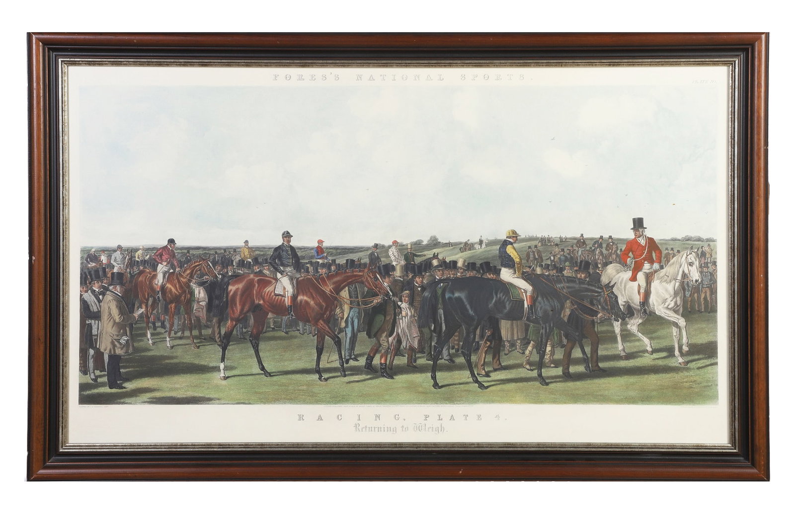 Fore's National Sports Racing Plate 4: Fore's National Sports Racing Plate 4 Lithograph "Returning to Weigh." After JF Herring. Framed under glass. Image Height: 25 in, Image Width: 43 in, Framed Height: 29 1/2 in, Framed Width: 47 3/4 in