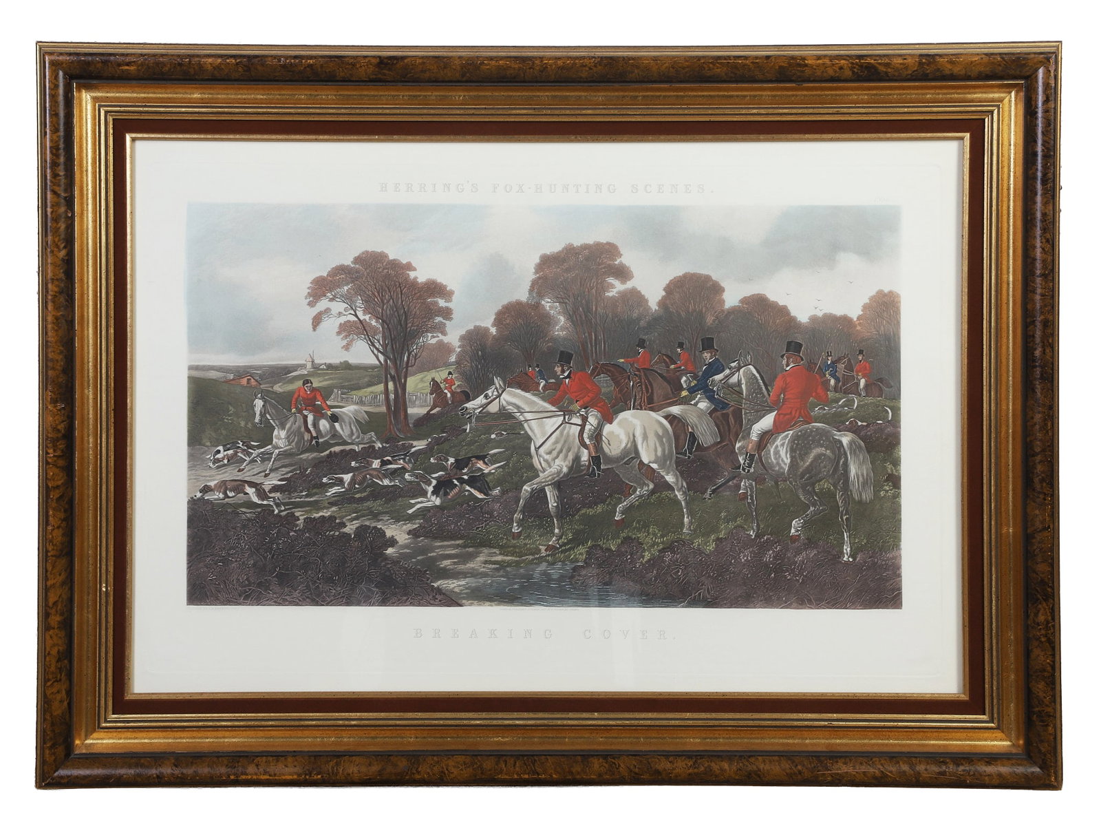 Herring's Fox Hunting Scenes: Herring's Fox Hunting Scenes Lithograph "Breaking Cover" Lithograph. Framed under glass. Image Height: 24 in, Image Width: 35 in, Framed Height: 31 3/4 in, Framed Width: 43 in