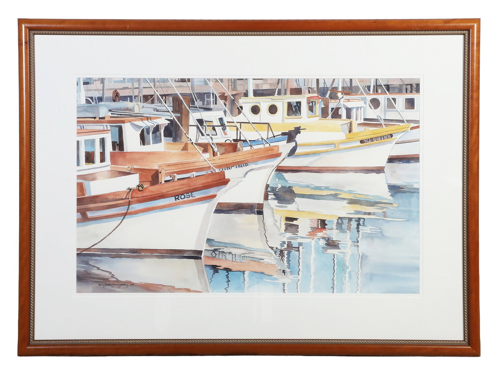 Simons, Holly Brewster (American 20th C): Holly Brewster Simons American 20th C Untitled (Dockside Fishing Boats) Watercolor Southern Regionalism. Signed lower right. Framed under glass.
