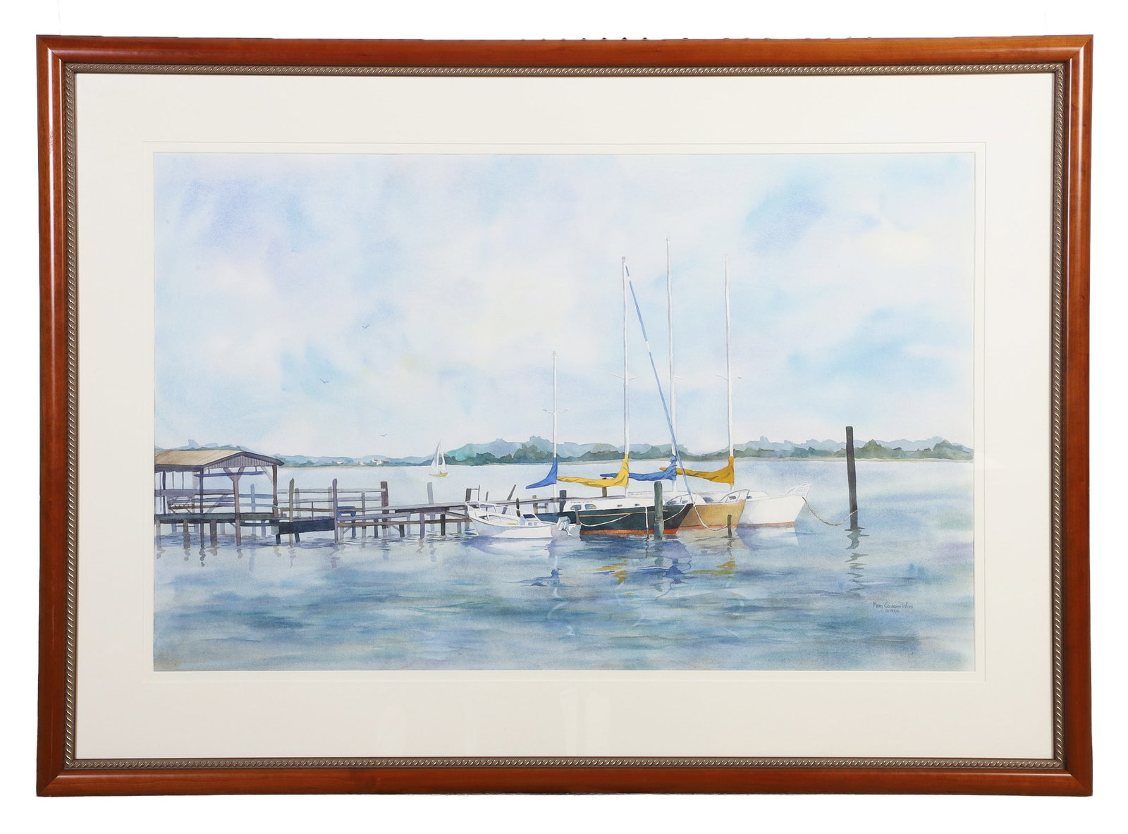 Ward, Mary Cochrane (American 20th C): Mary Cochrane Ward American 20th C Untitled (Dockside Sailboats), 1984 Watercolor Signed lower right. Framed under glass. Image Height: 25 in, Image Width: 40 in, Framed Height: 36 in, Framed Width: