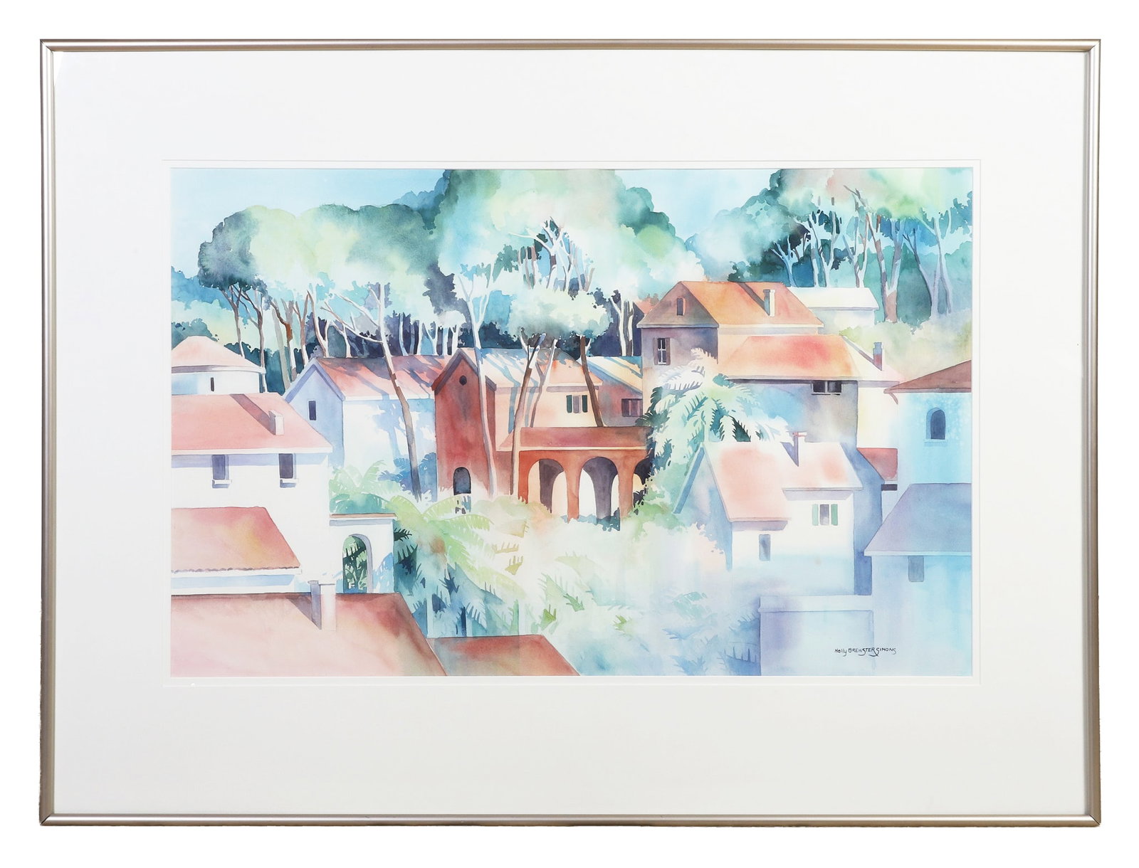 Simons, Holly Brewster (American 20th C): Holly Brewster Simons American 20th C Untitled (Houses Among the Palms) Watercolor on paper Signed lower right. Framed under glass. Image Height: 24 1/4 in, Image Width: 38 3/4 in, Framed Height: 38